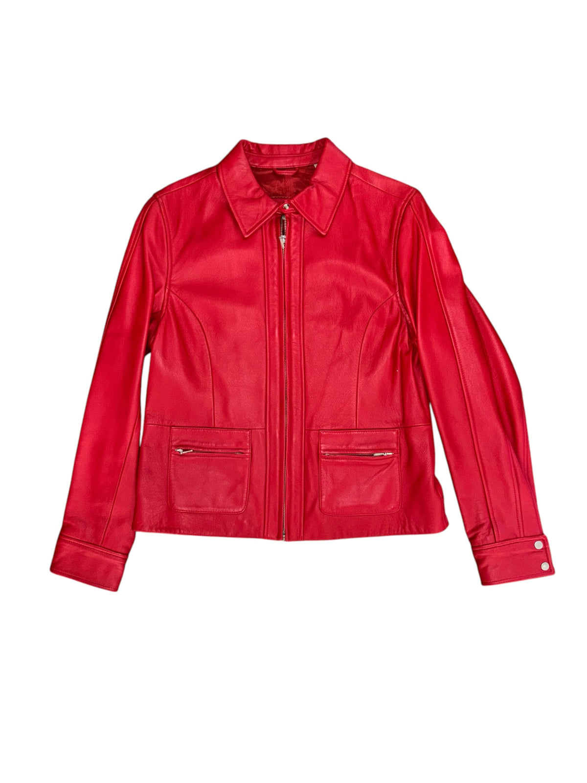 red ie leather zip up jacket, m