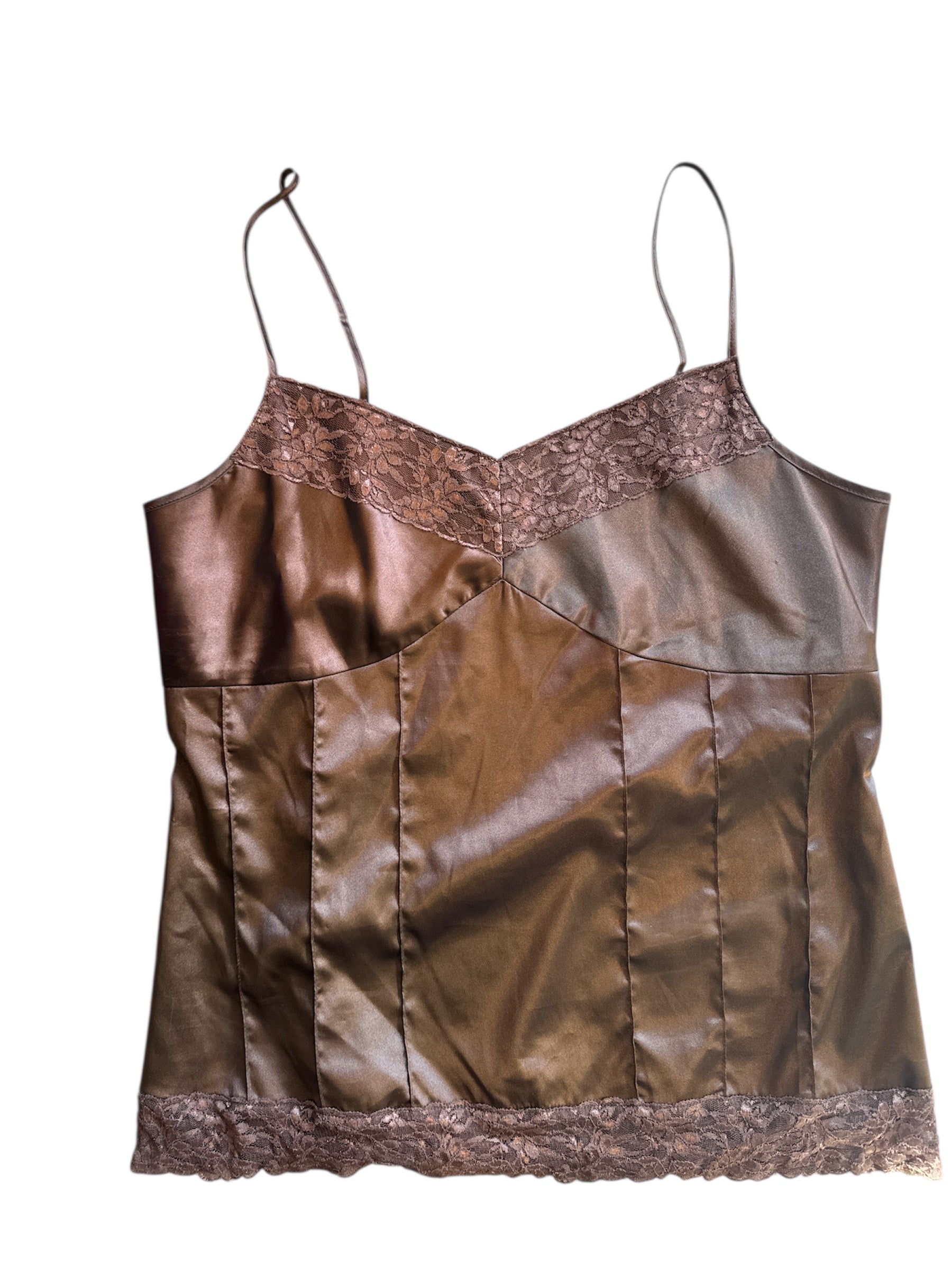 brown fossil satin lace trim cami, XL