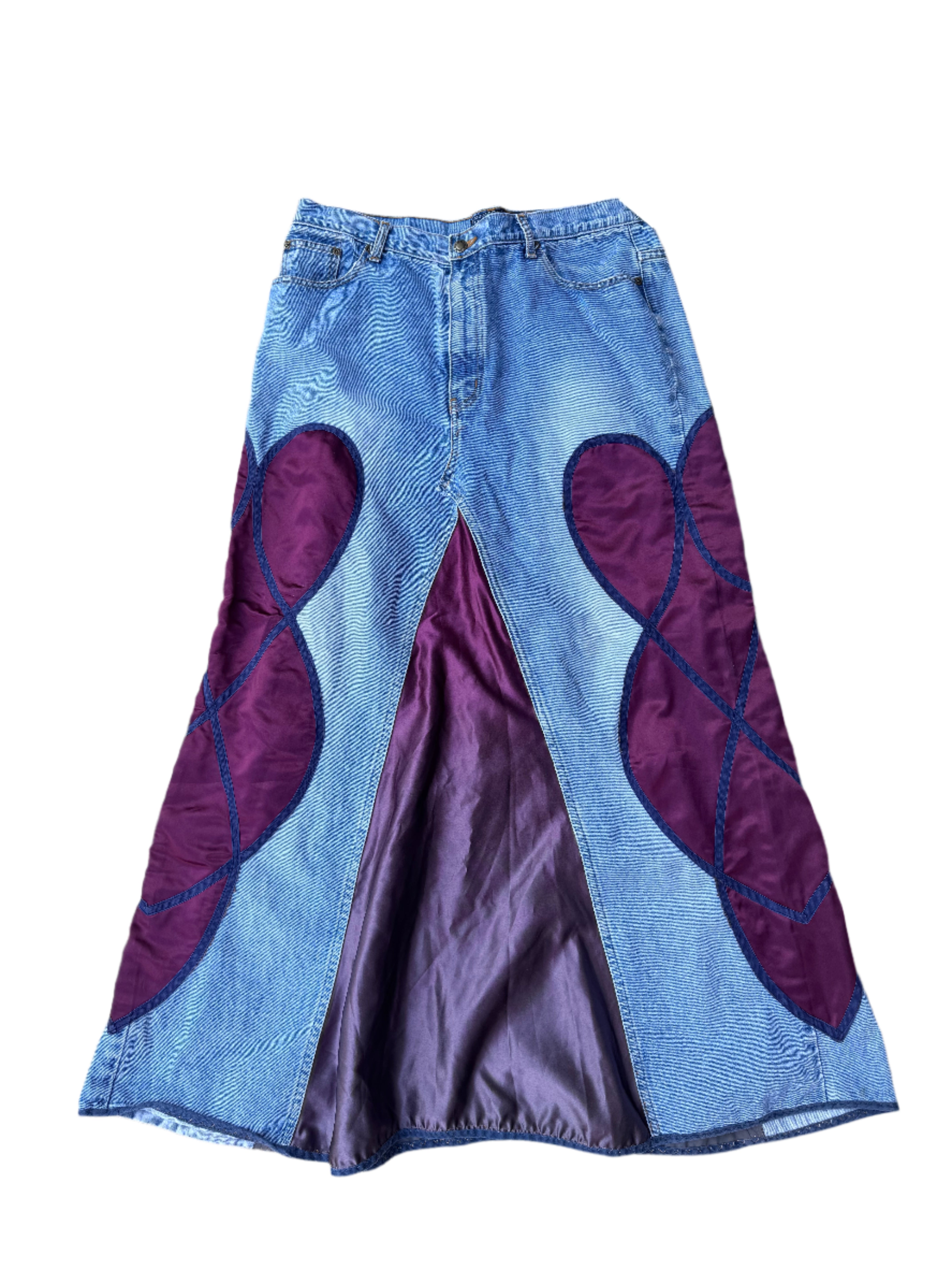 blue magenta army navy denim satin skirt, 36/34 fits like 2xl