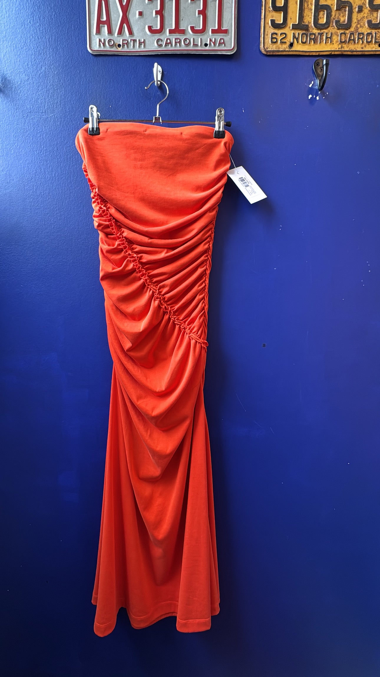 orange anthropologie strapless ruch asymmetrical maxi, xs