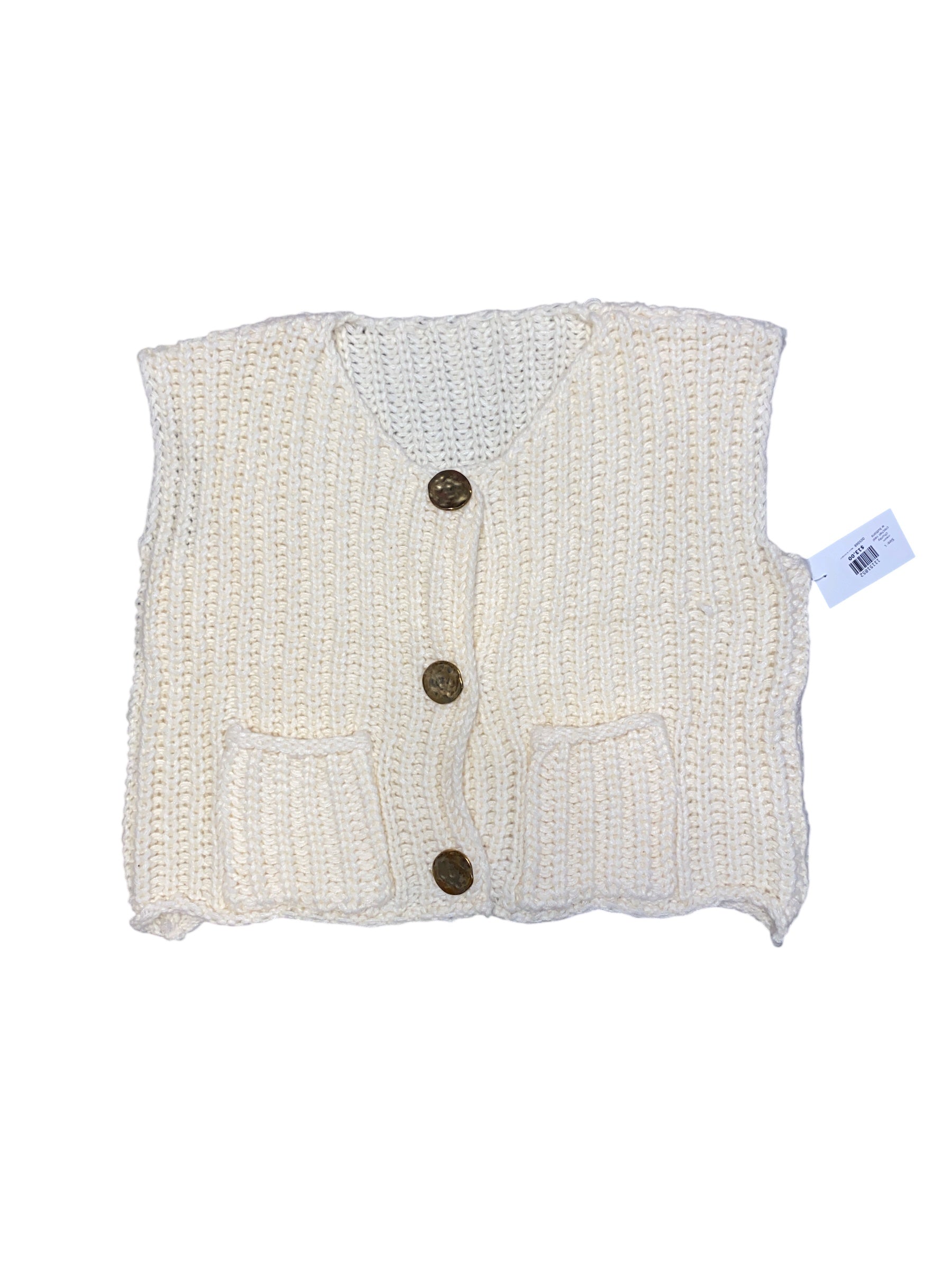 cream  chunky crochet vest w buttons, L