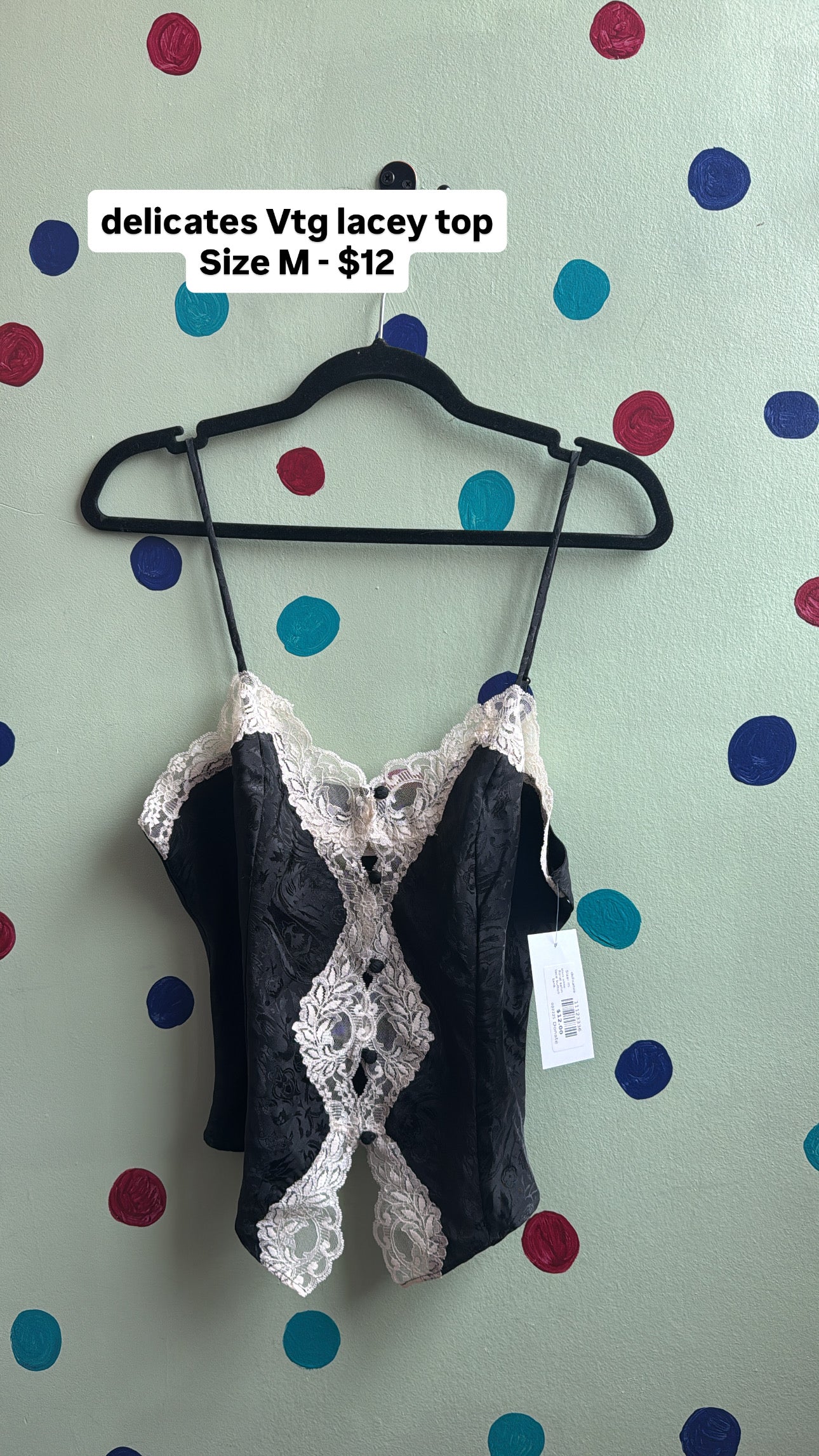 black white delicates floral satin lace button tank, m
