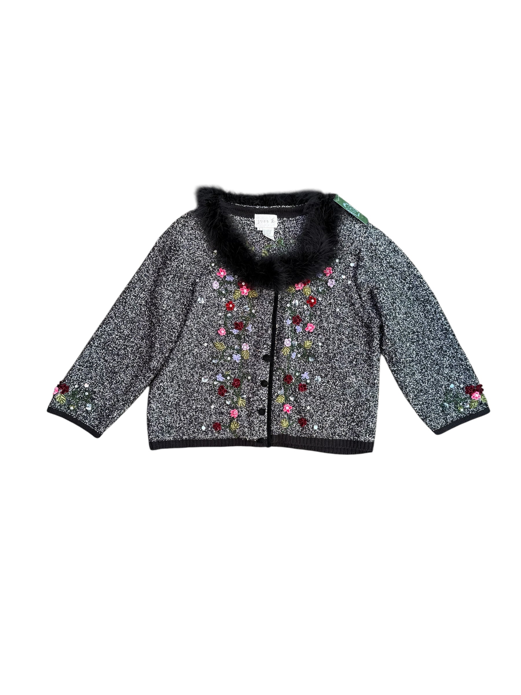 gray black just b fur trim heathered floral sweater, L