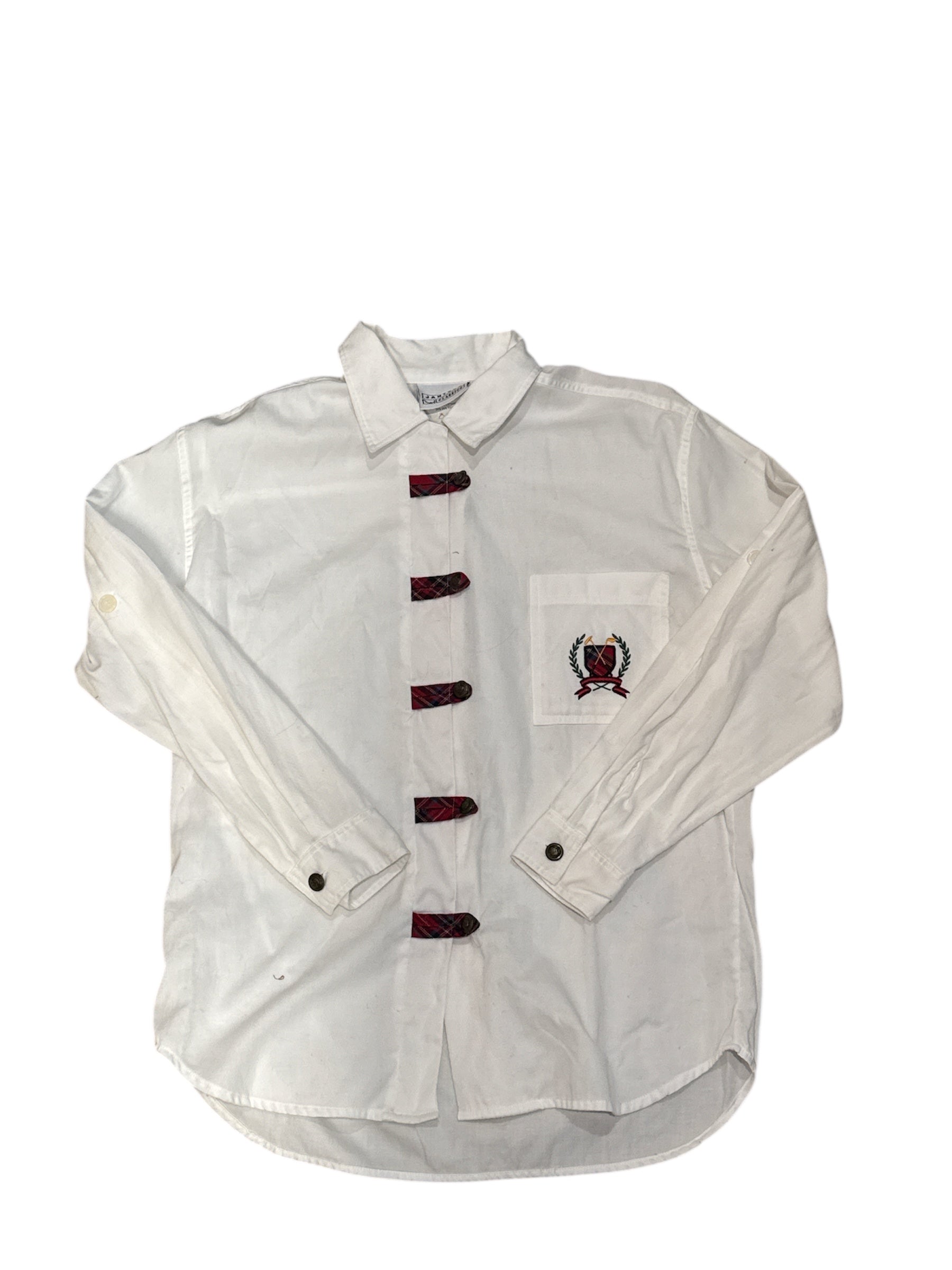 white red jantzen button down w plaid clasp, m
