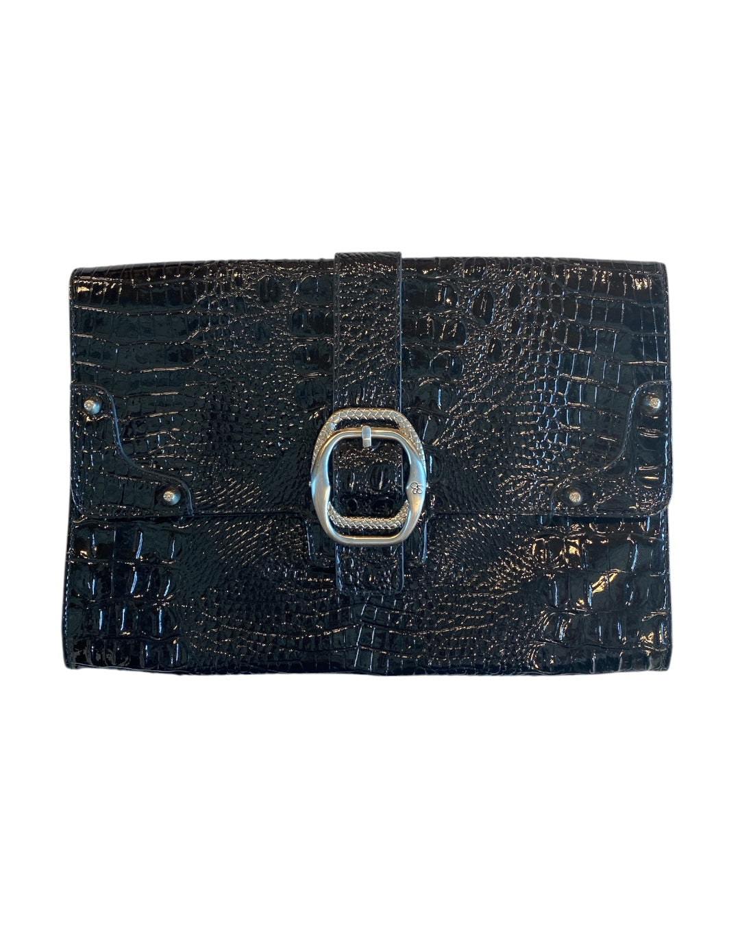 black jessica simpson patent croc clutch