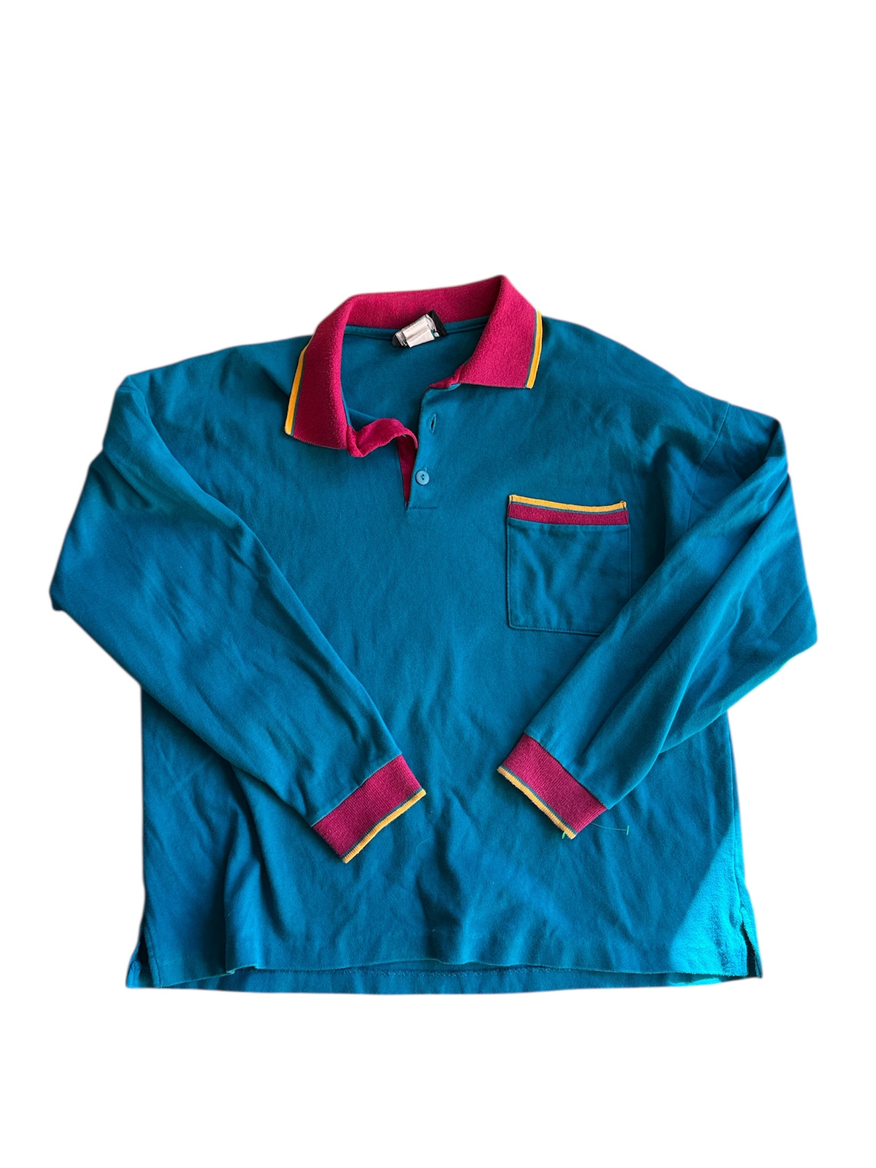 Teal pink yellow James river traders Knit ls polo, XL