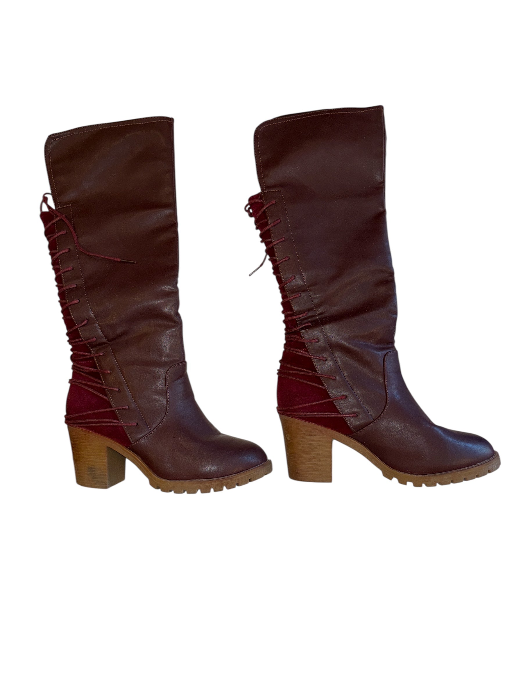 Brown red Bucco Boots w velvet and lace up, 7.5
