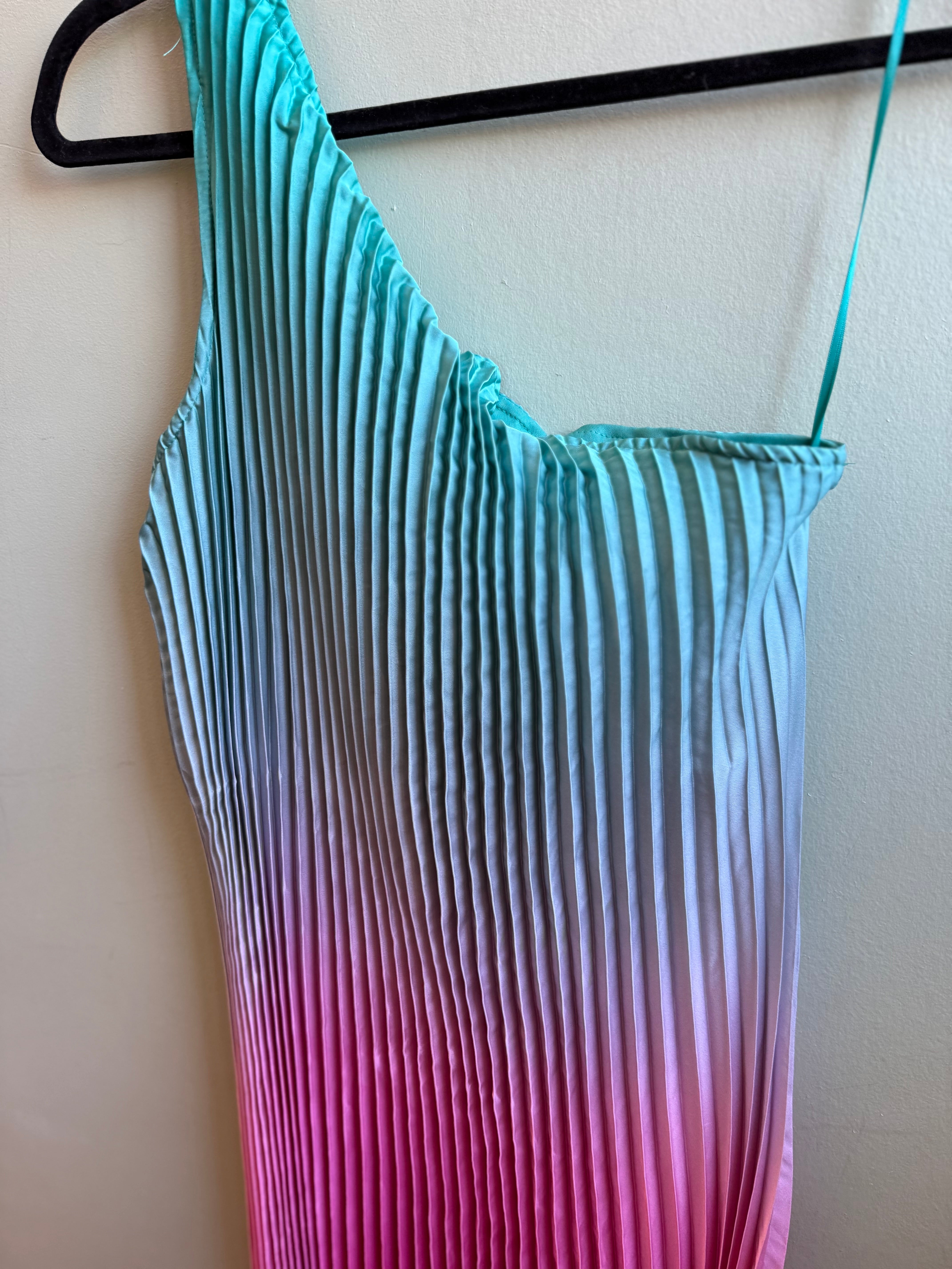 green pink nicole miller ombre plisse one shoulder maxi dress, M