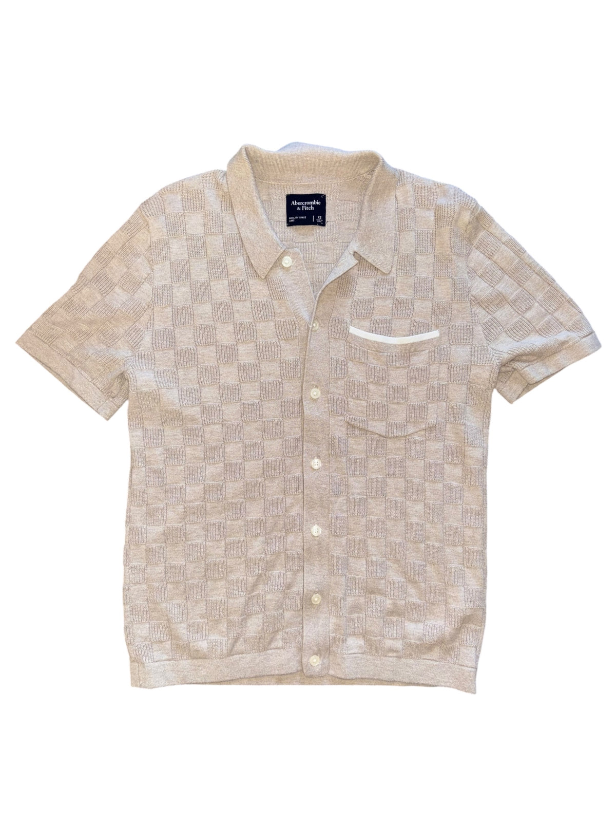 tan abercrombie checkered knit ss button up, xs
