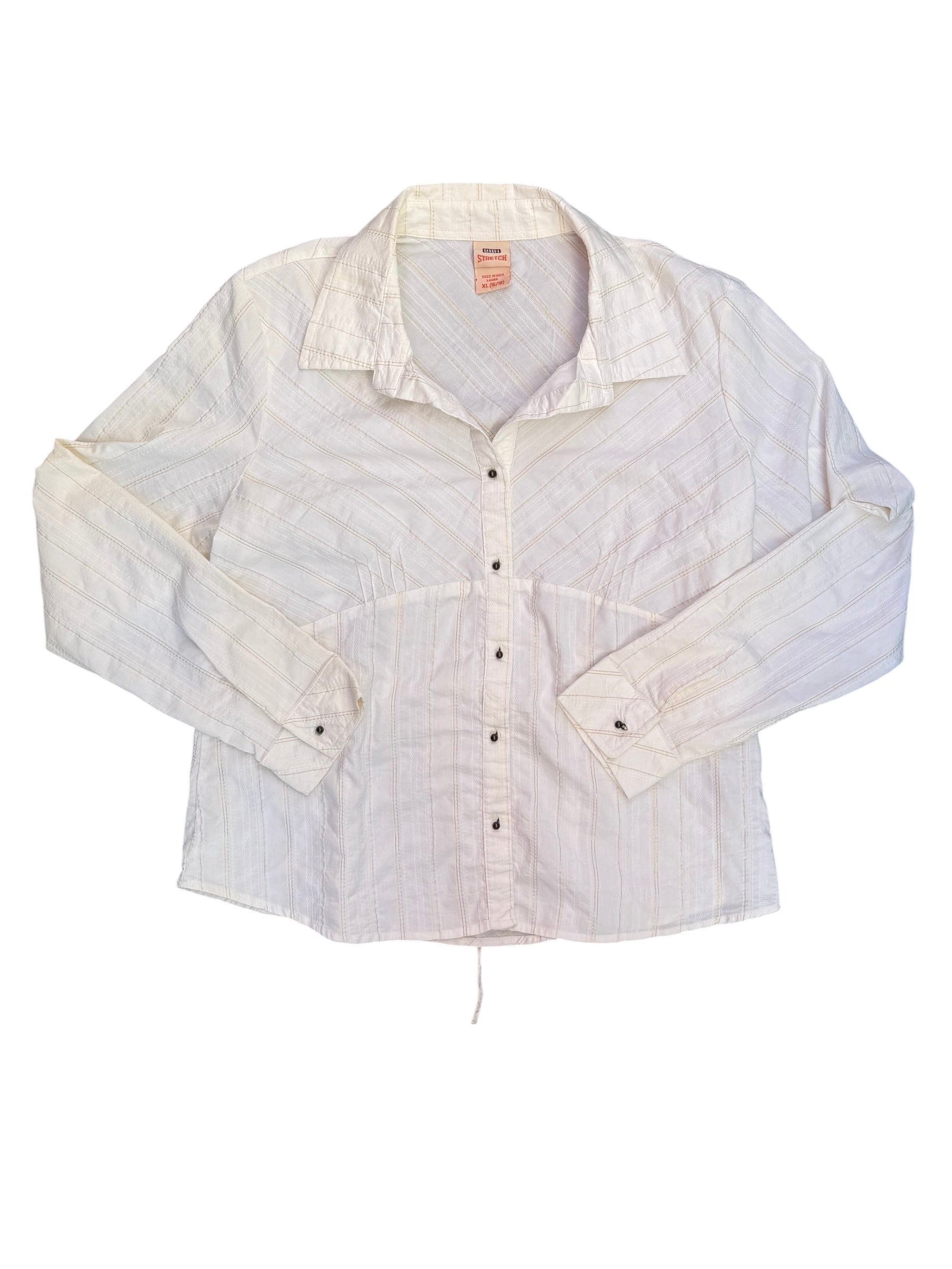 white gold faded glory fitted ls collared top, xl