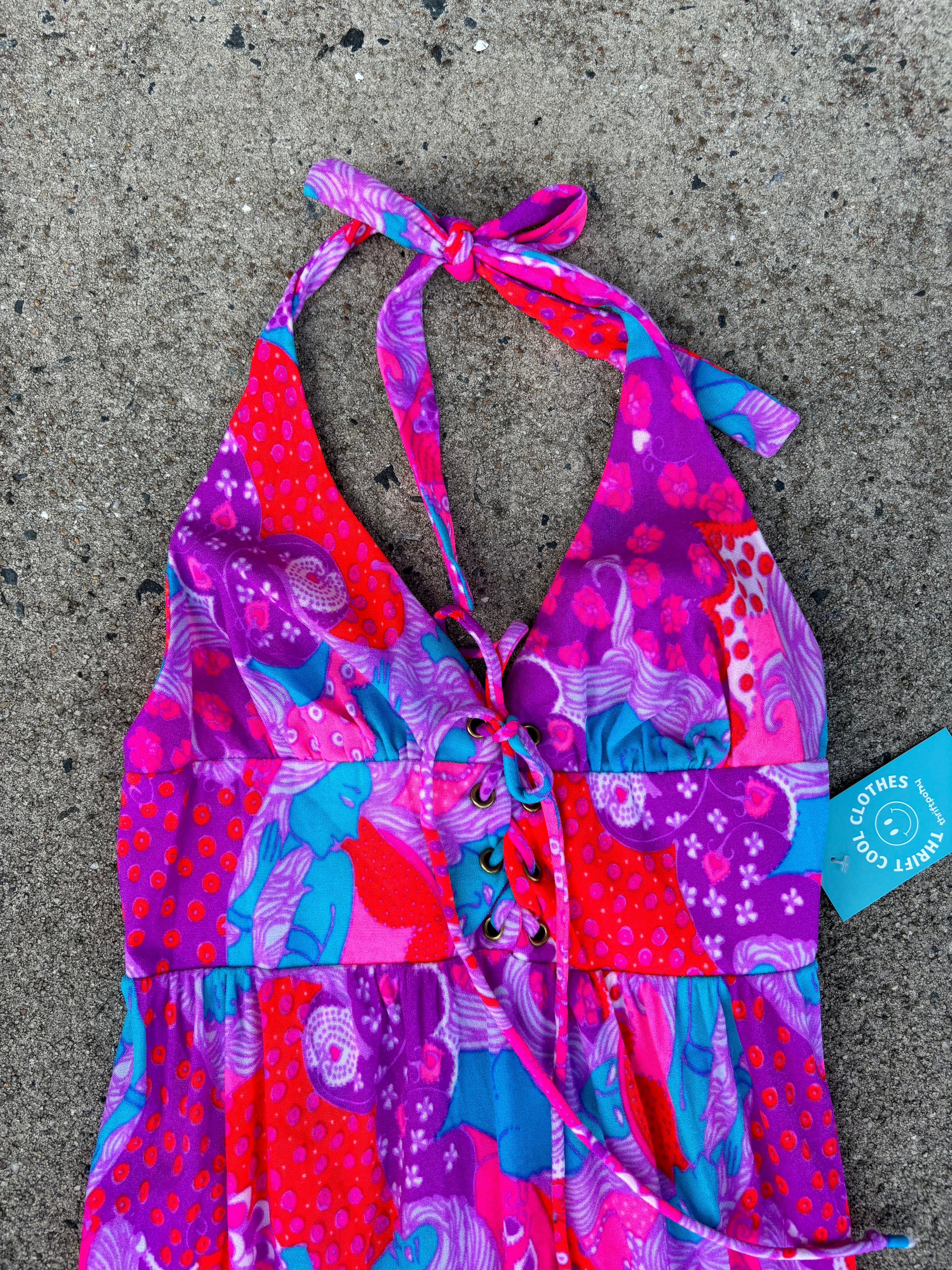 pink purple blue high tide 70s woman psychedelic pattern dress, s