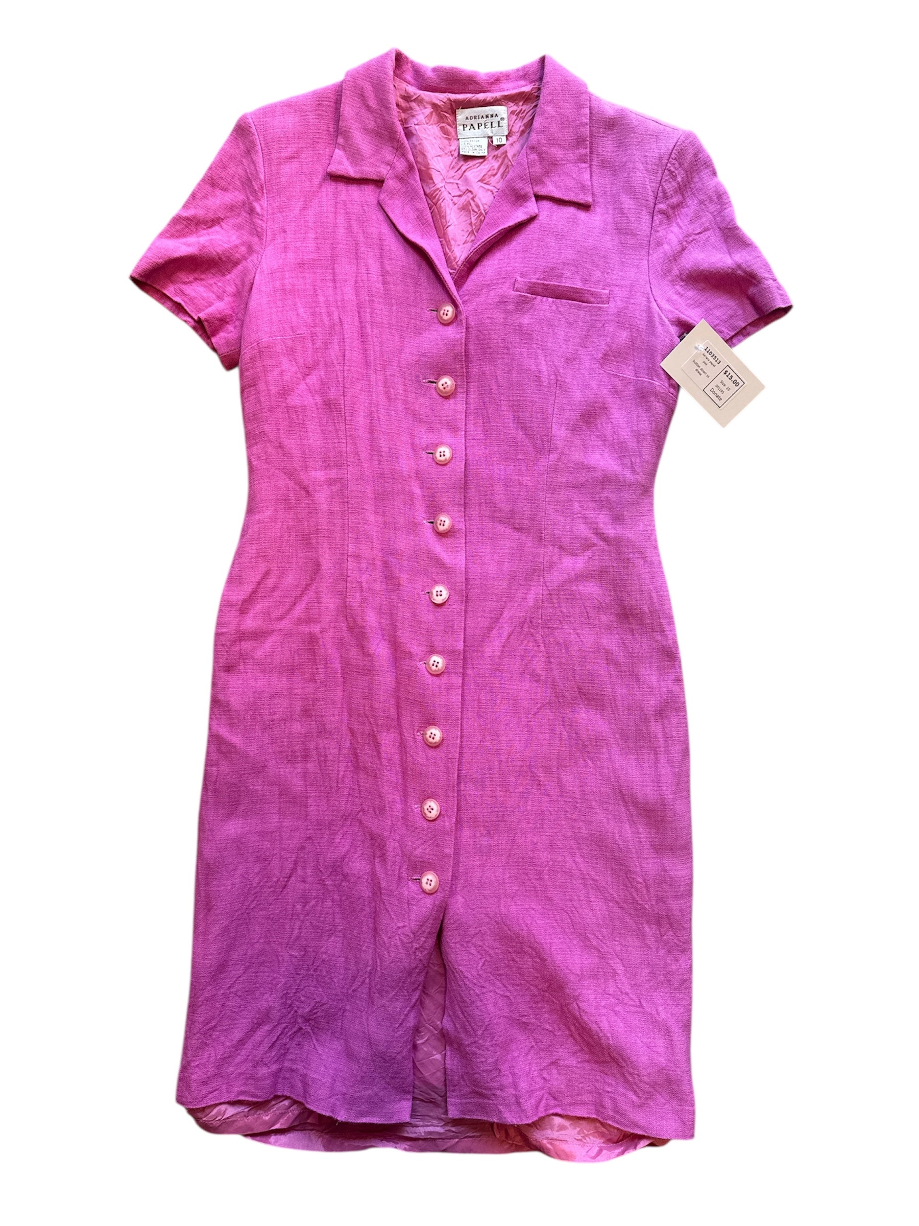 pink vintage Adriana papell button down ss dress, 10 (fits like 4-6)