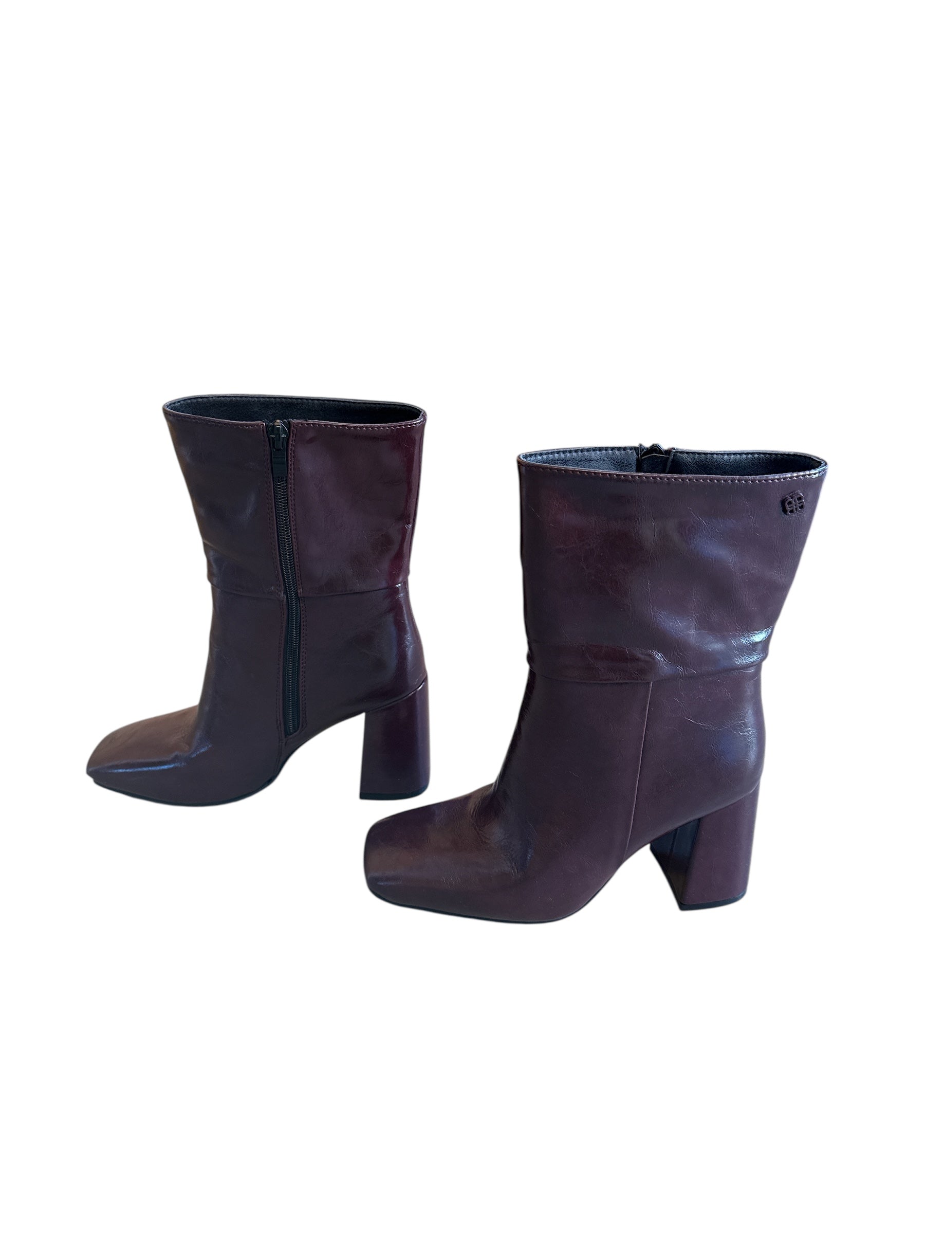 brown batared glossy booties, 36