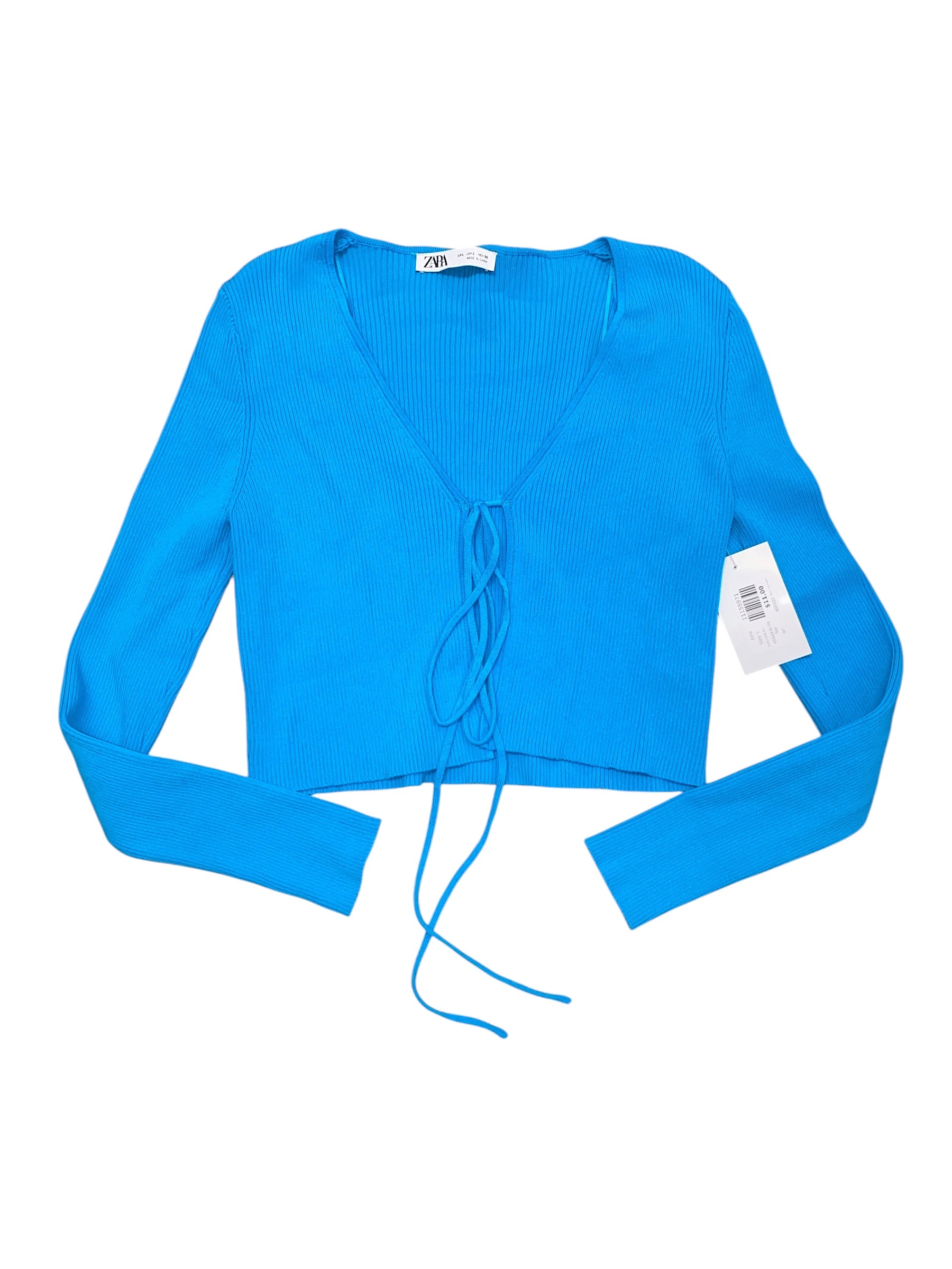 turquoise blue zara ribbed ls tie top, L