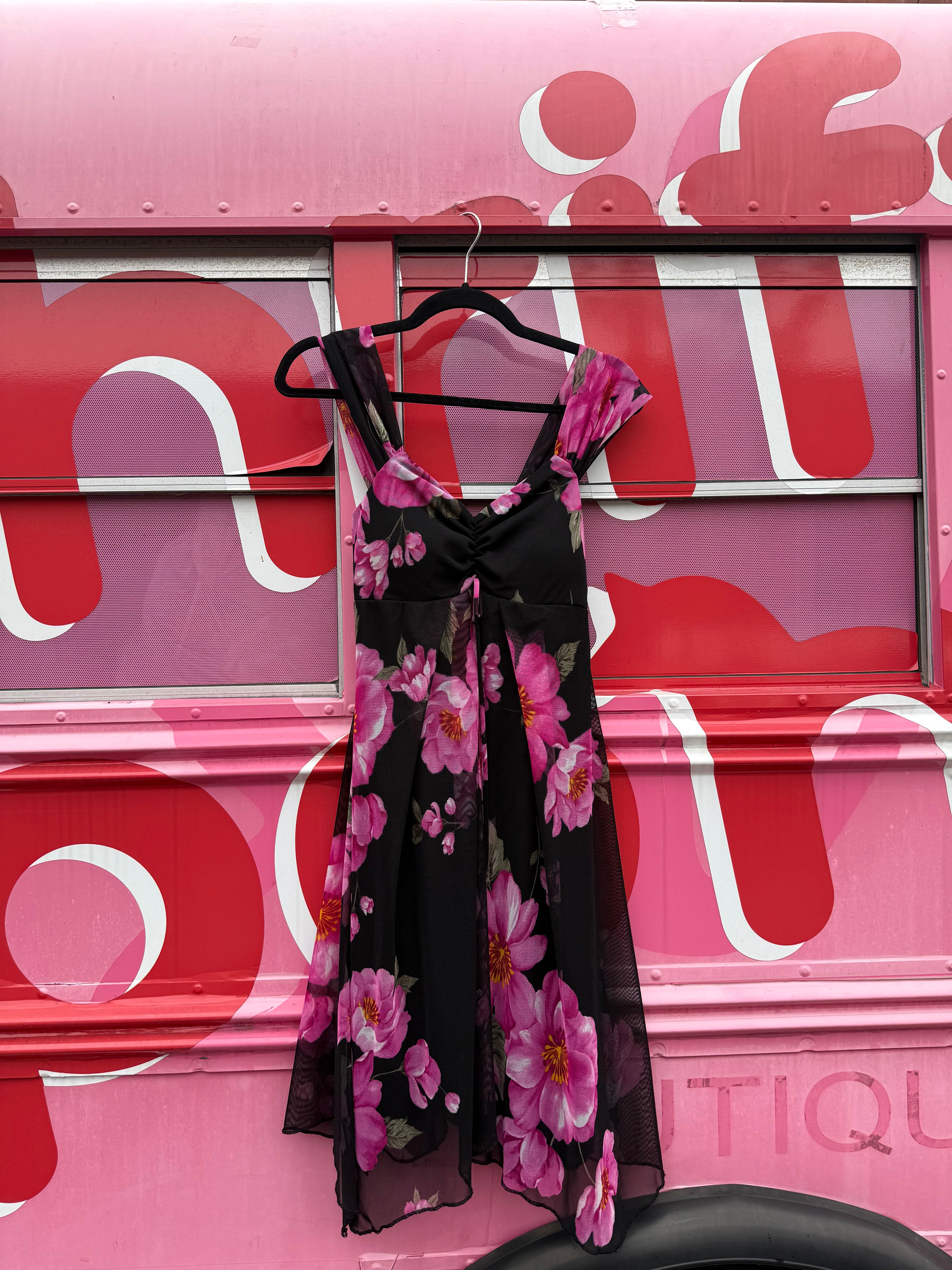 Black pink Kisses & hugs Floral mesh tanks dress, L
