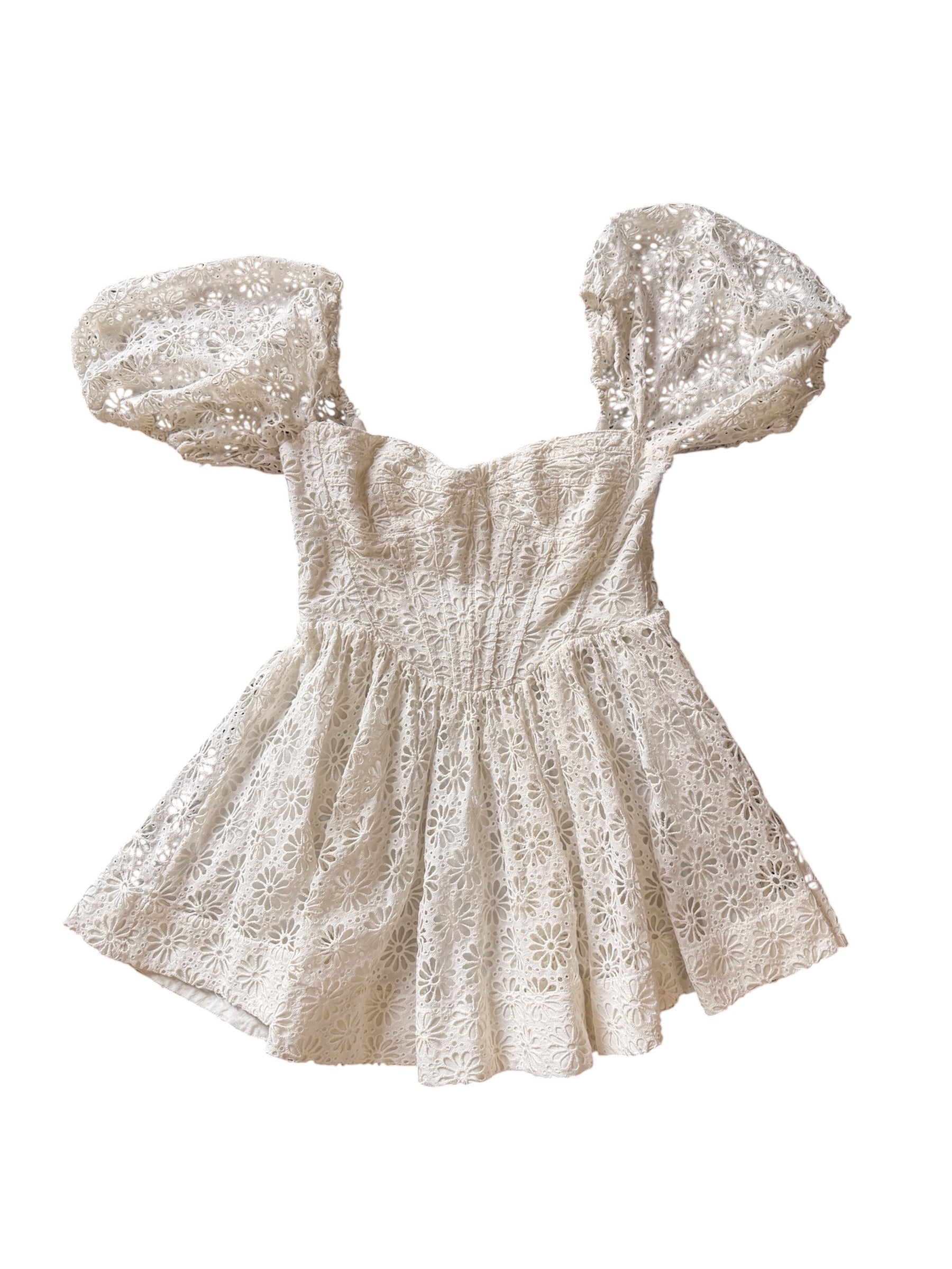 white bardot eyelet bustier ss mini dress, L