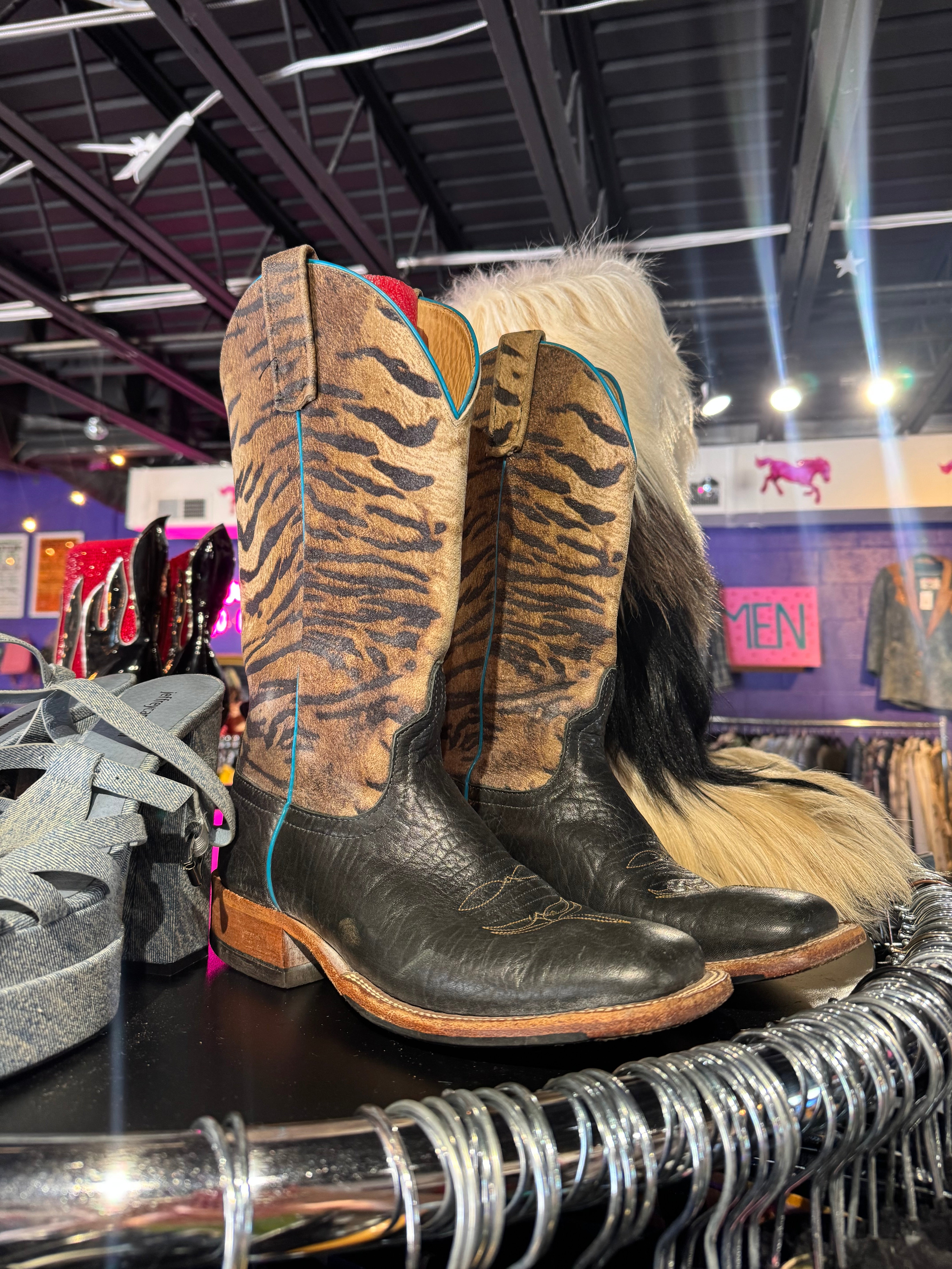 black tan anderson bean square toe tiger cowboy boot, 7 fits like 7.5