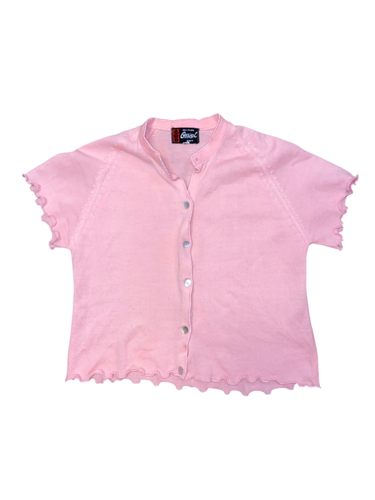 pink freeman knit lettuce trim ss button down, m