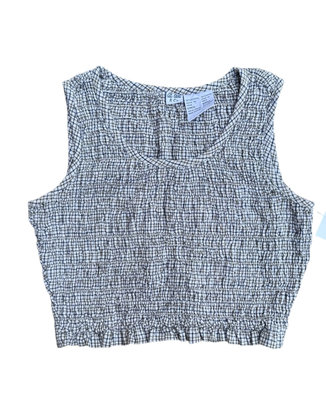 blue green white at last & co smocked microplaid crop tank, S