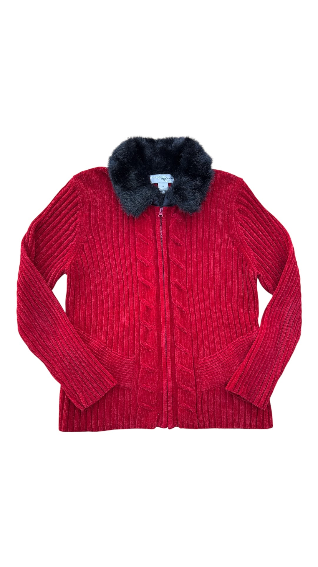 red black designers original studio zip up ls sweater with fur collar, XL