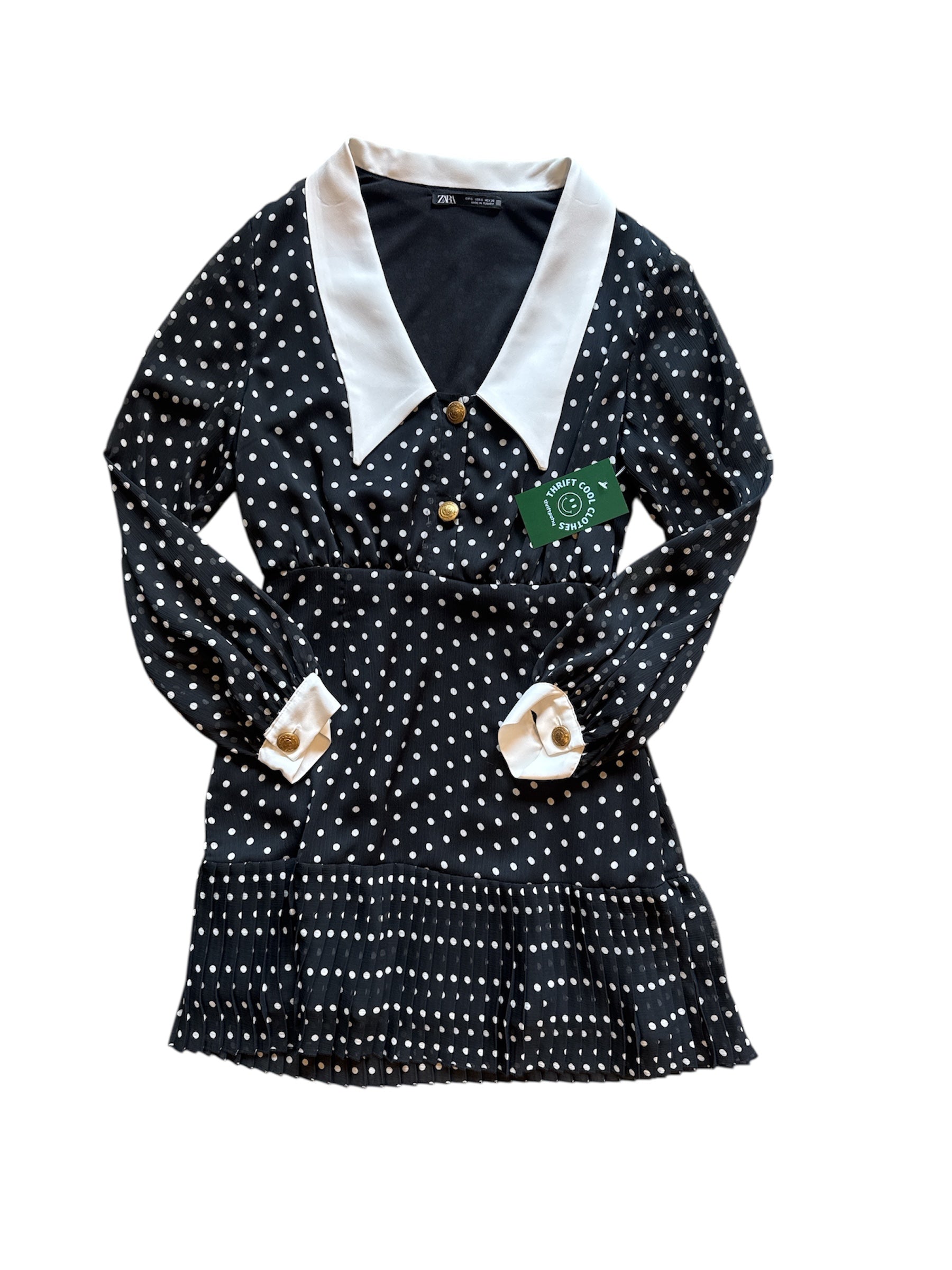 black white zara polka dot collared dress, s
