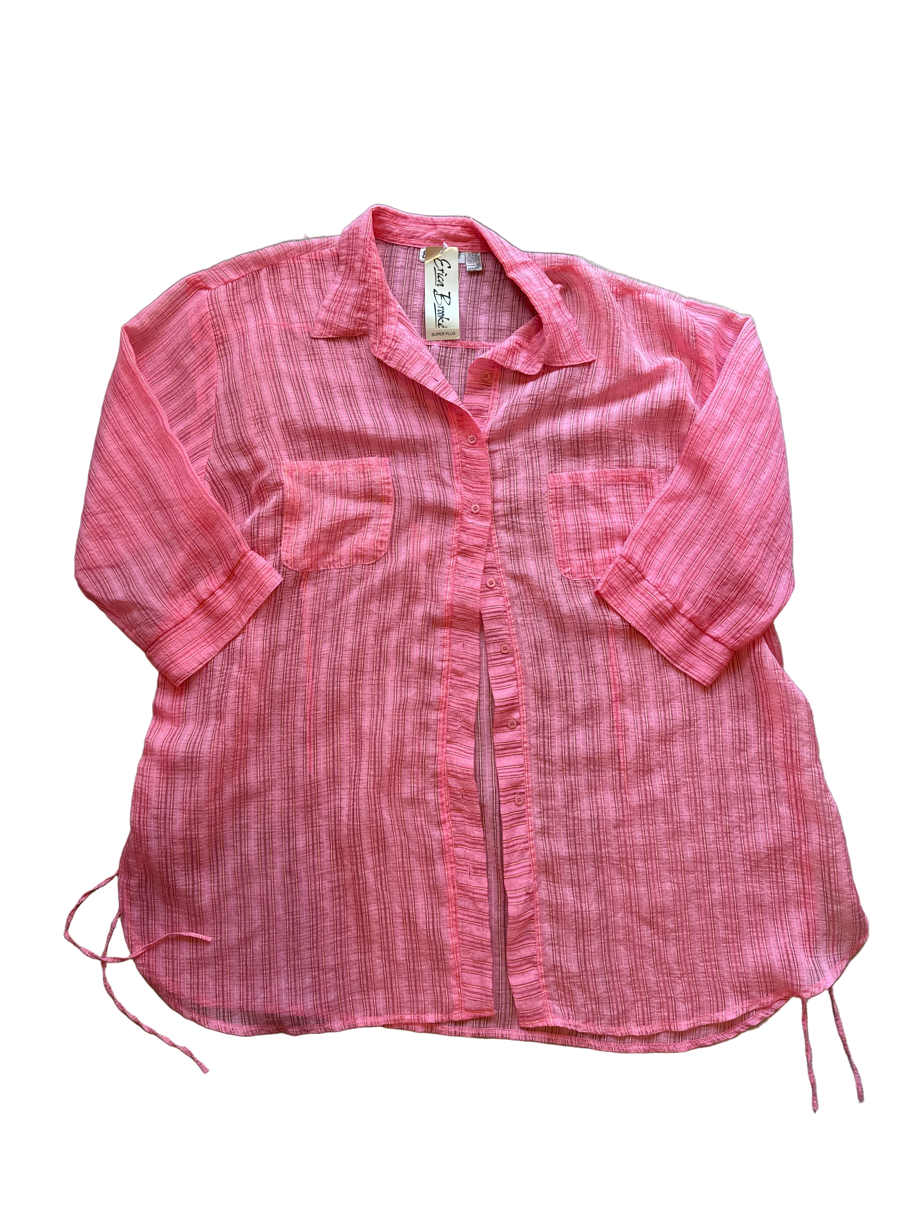 pink Erica Brooke striped shiny LS button down, xxl