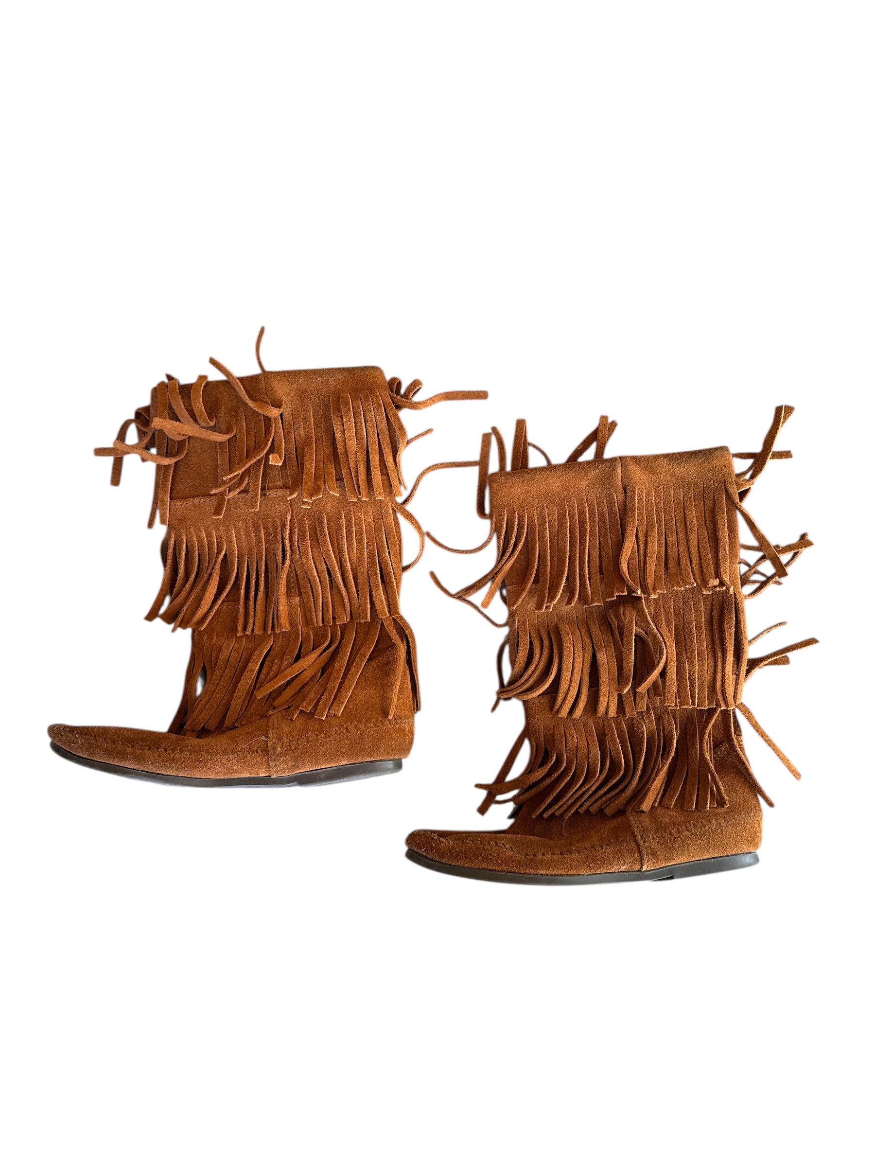 brown minnetonka fringe boots, 6