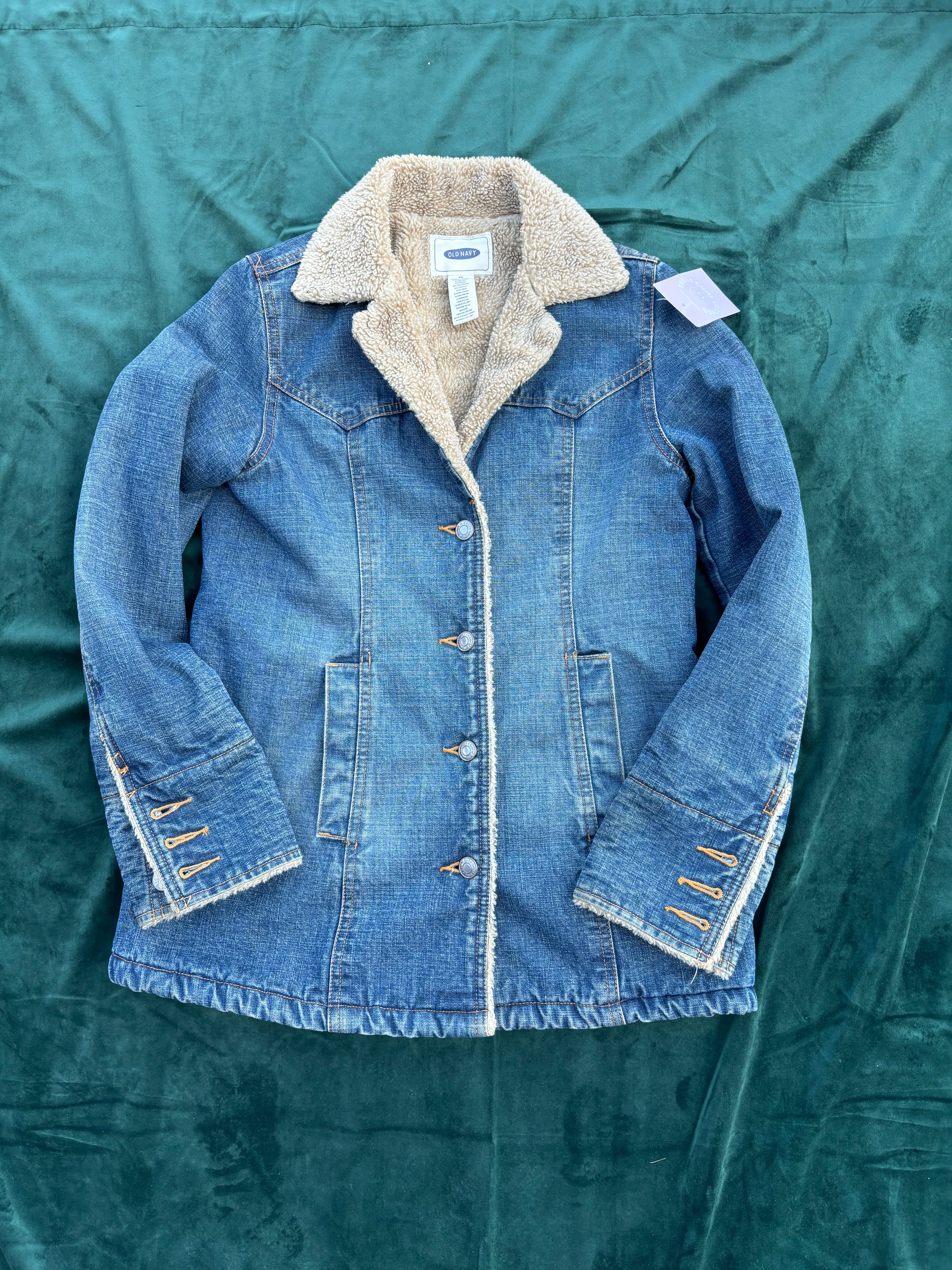 blue brown old navy furry lined denim jackets, xs