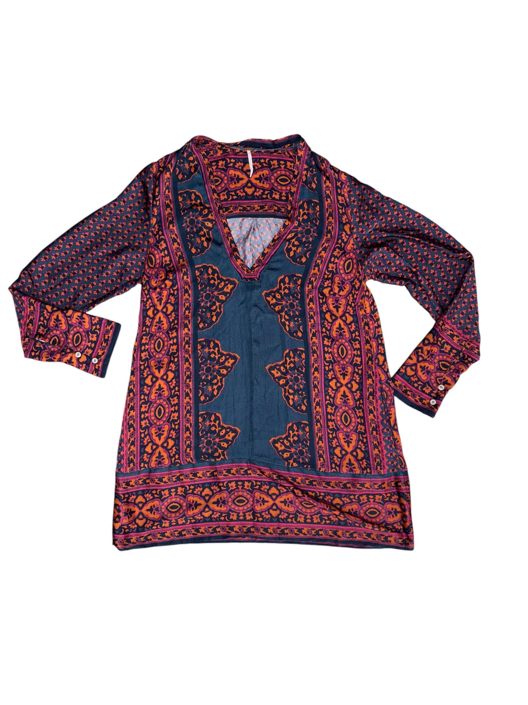 navy magenta orange free people pattern ls mini dress, m