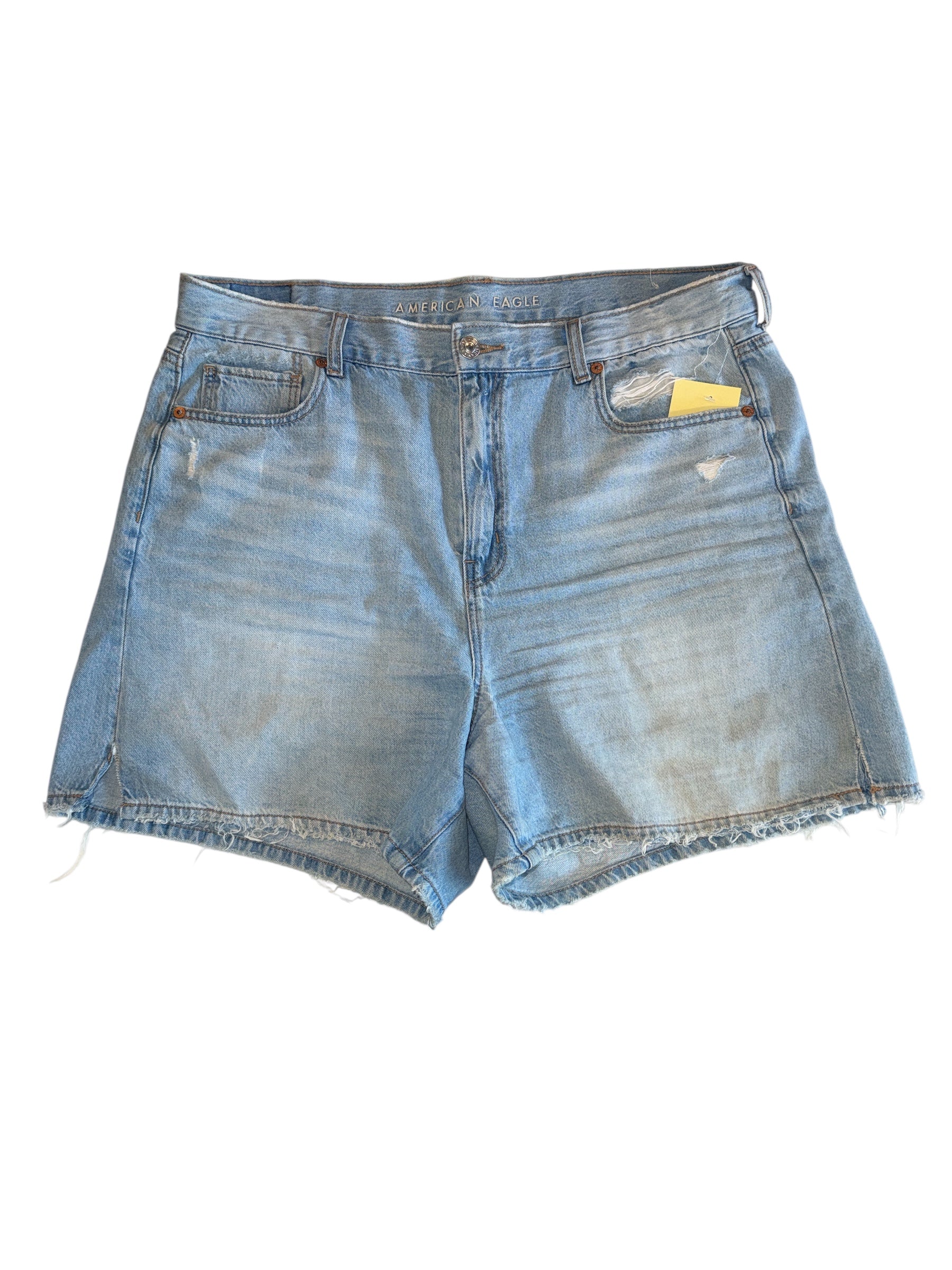 blue American eagle light wash highest rise cutoff denim short, 16