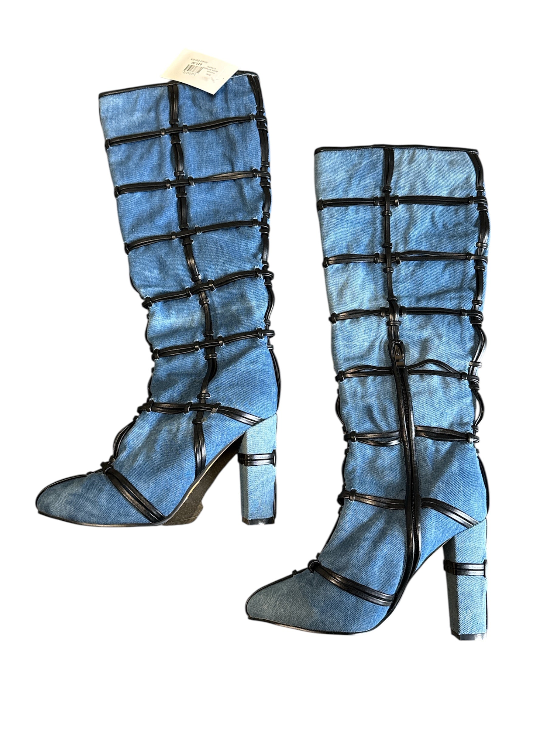 blue black  denim tall boots w leather details, 38 (fits like 8)