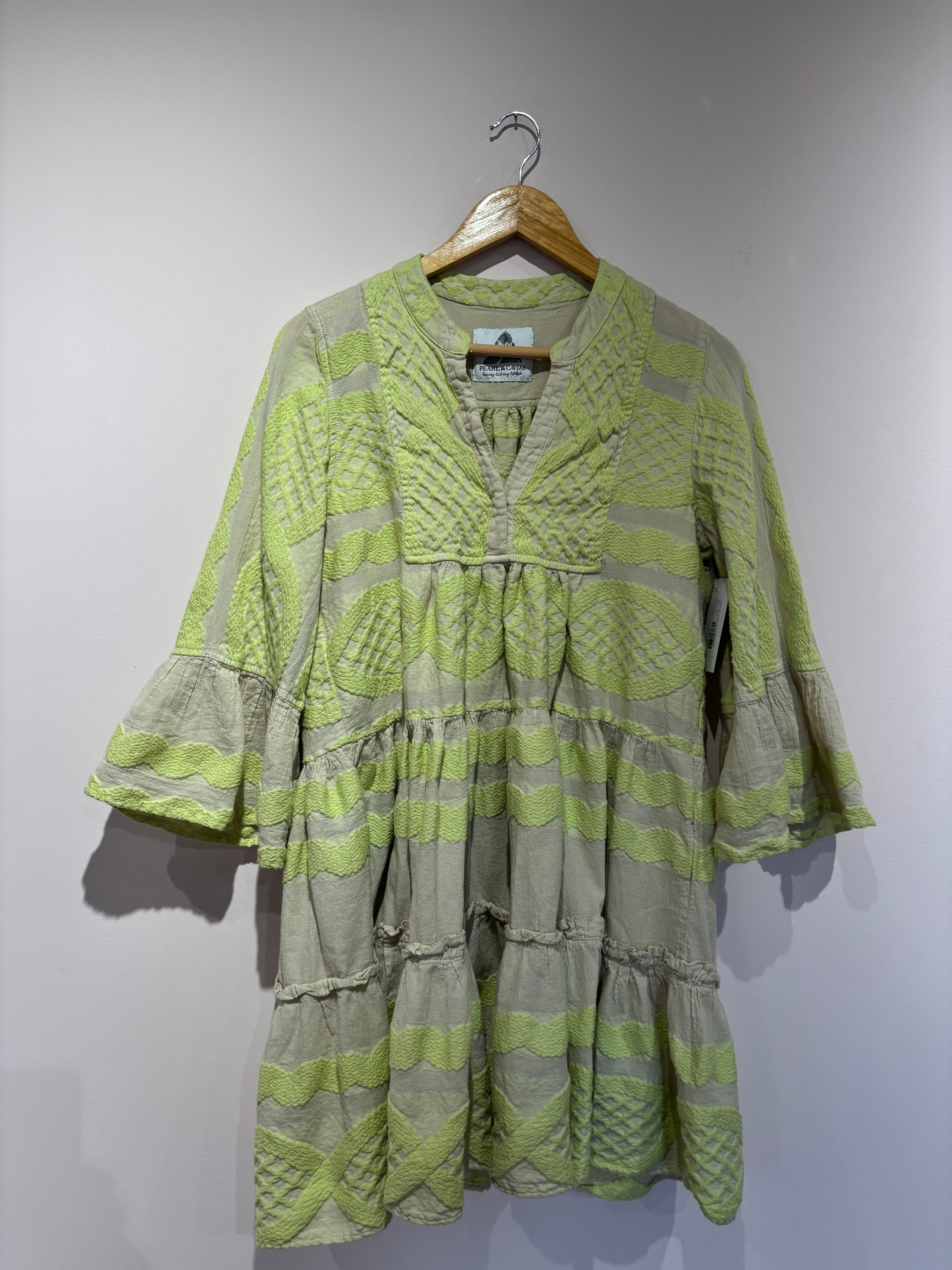green brown pearl & caviar textured ls dress, xs/s