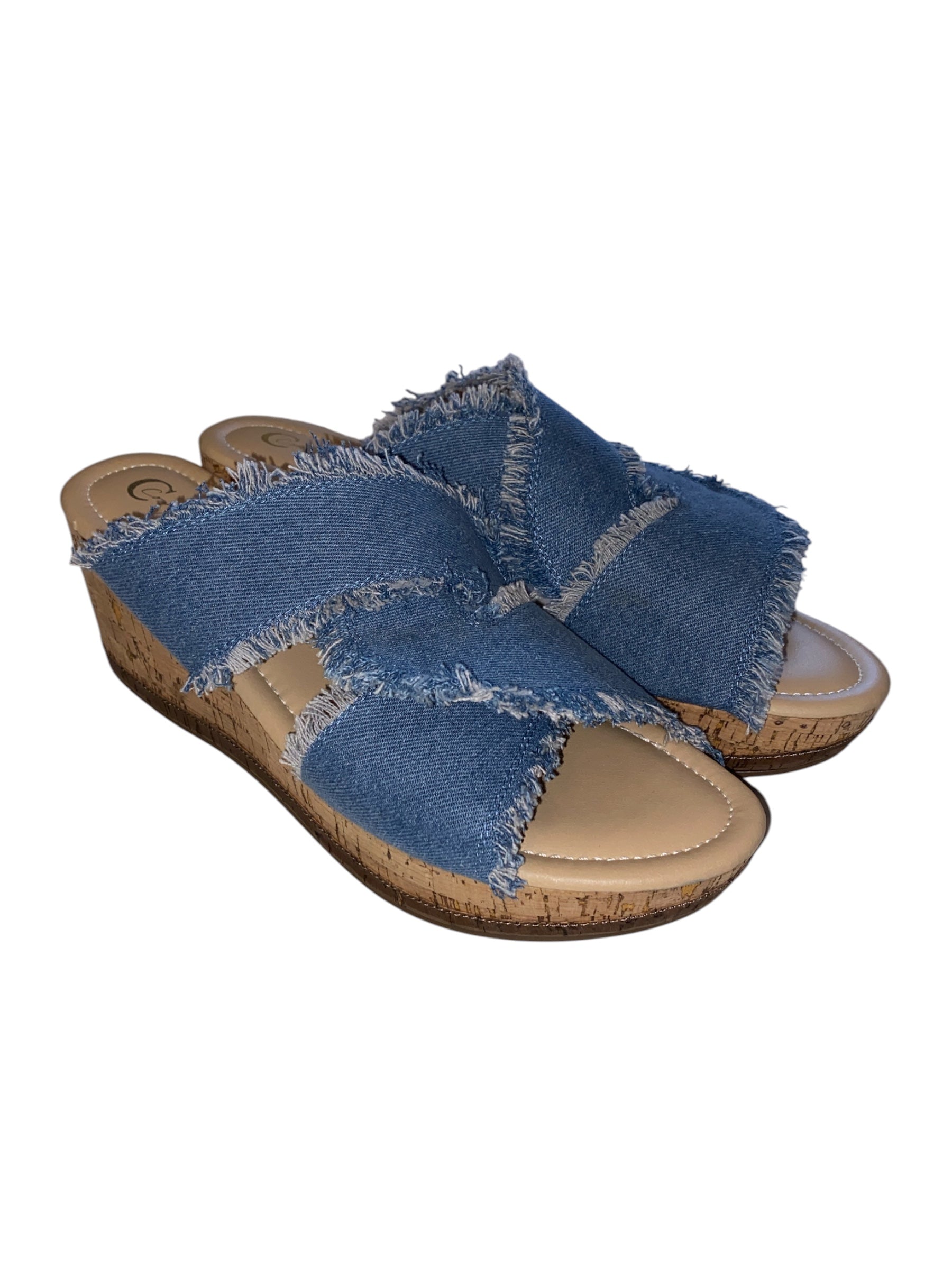 Blue and tan Comfort Jean strap sandal, 12w