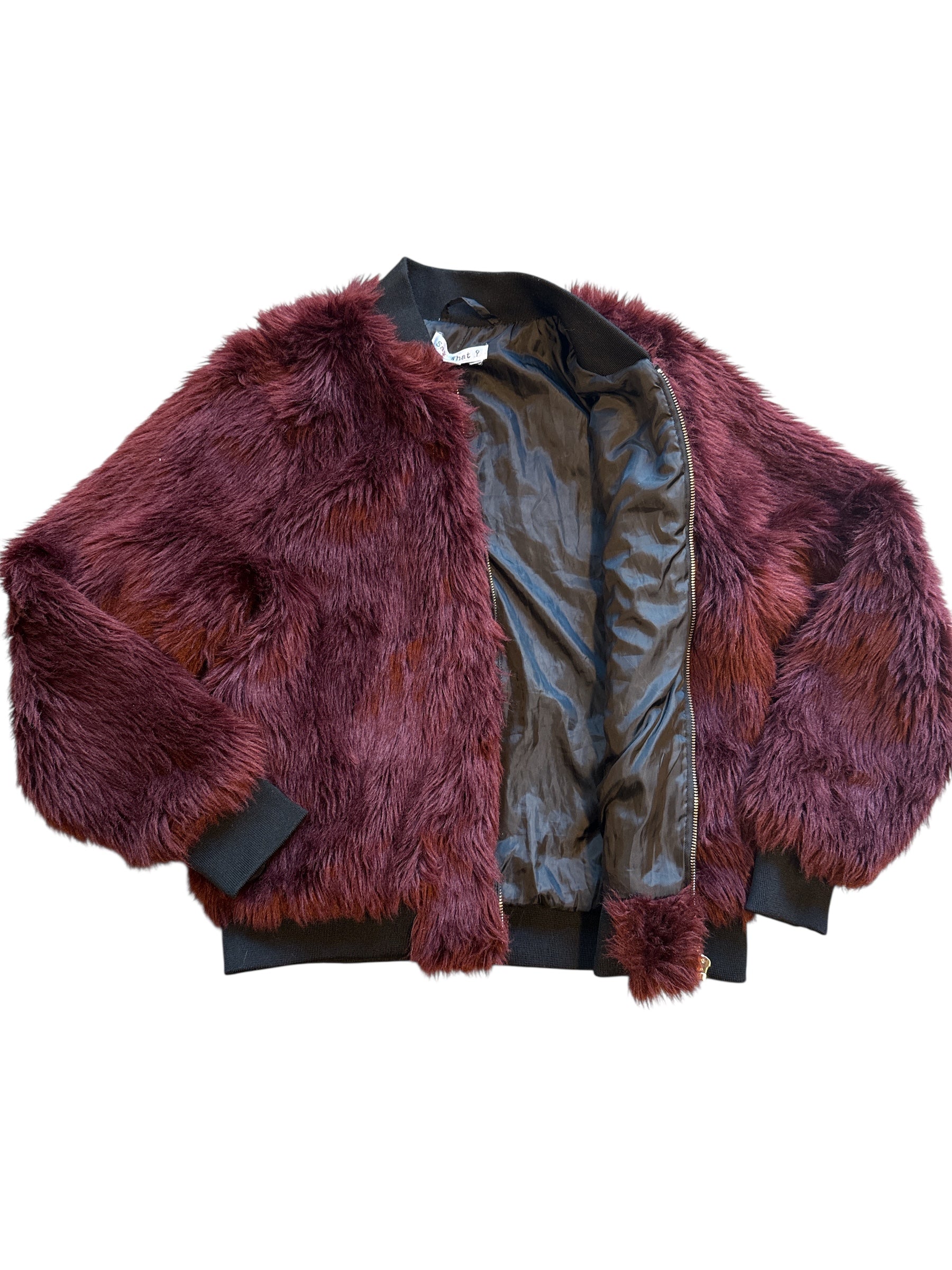 brown say what faux fur zip up, L