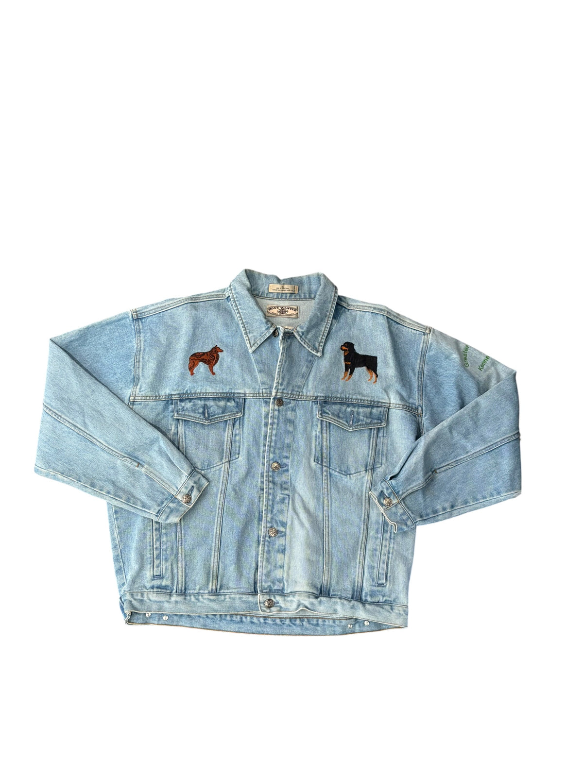med wash blue most wanted dog patch denim jacket, XL