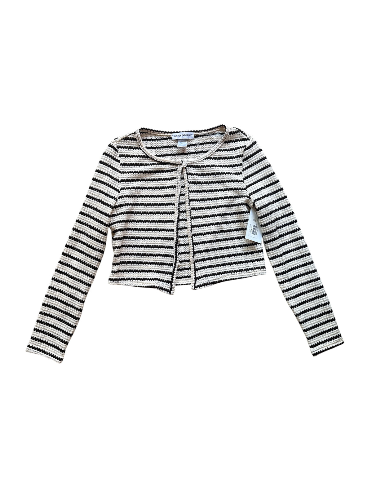 black cotton emporium stripe cropped button sweater, white tan black L