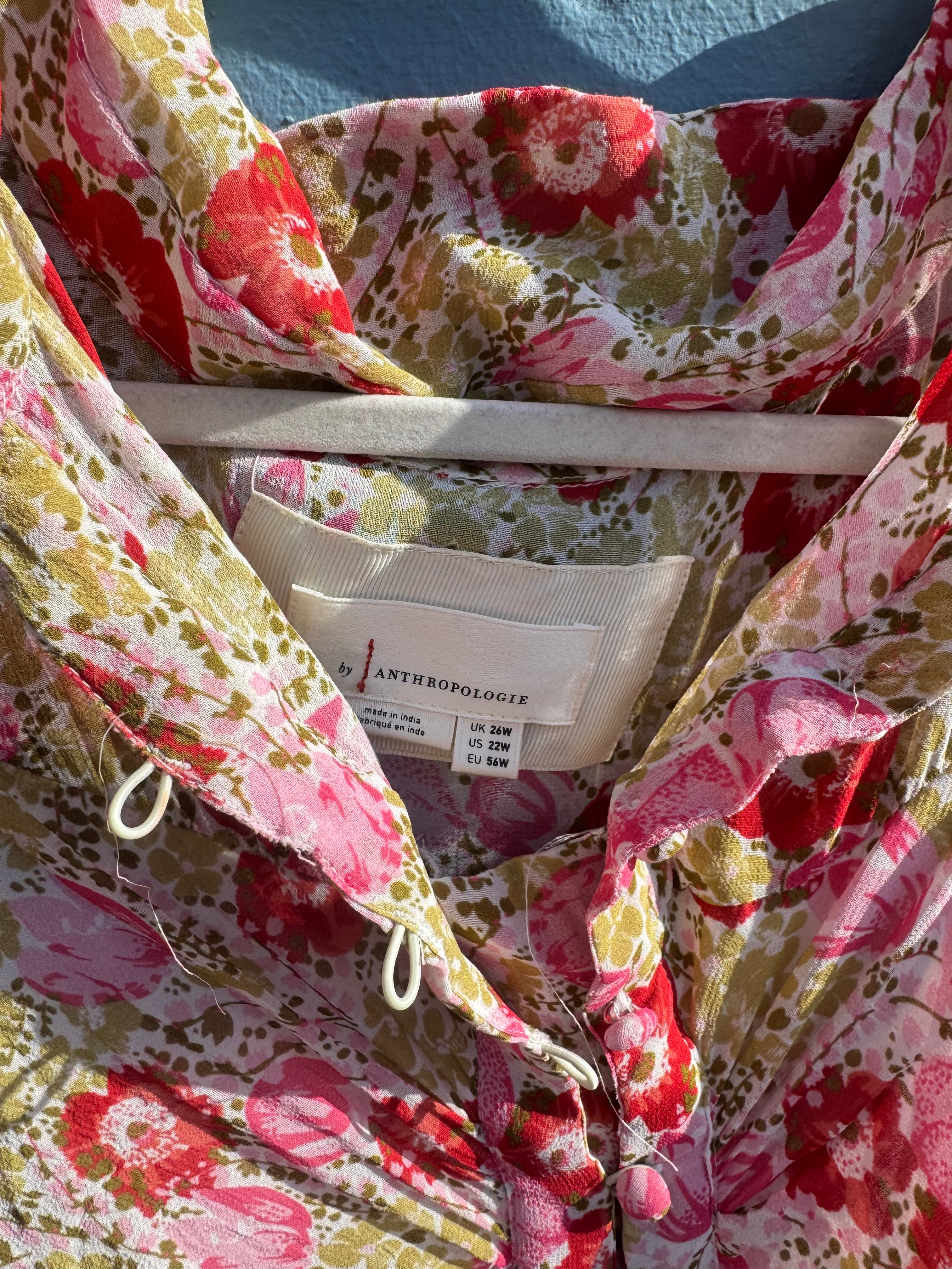 green pink red Anthropologie floral ss flowy dress, 22 (fits like 3xl)