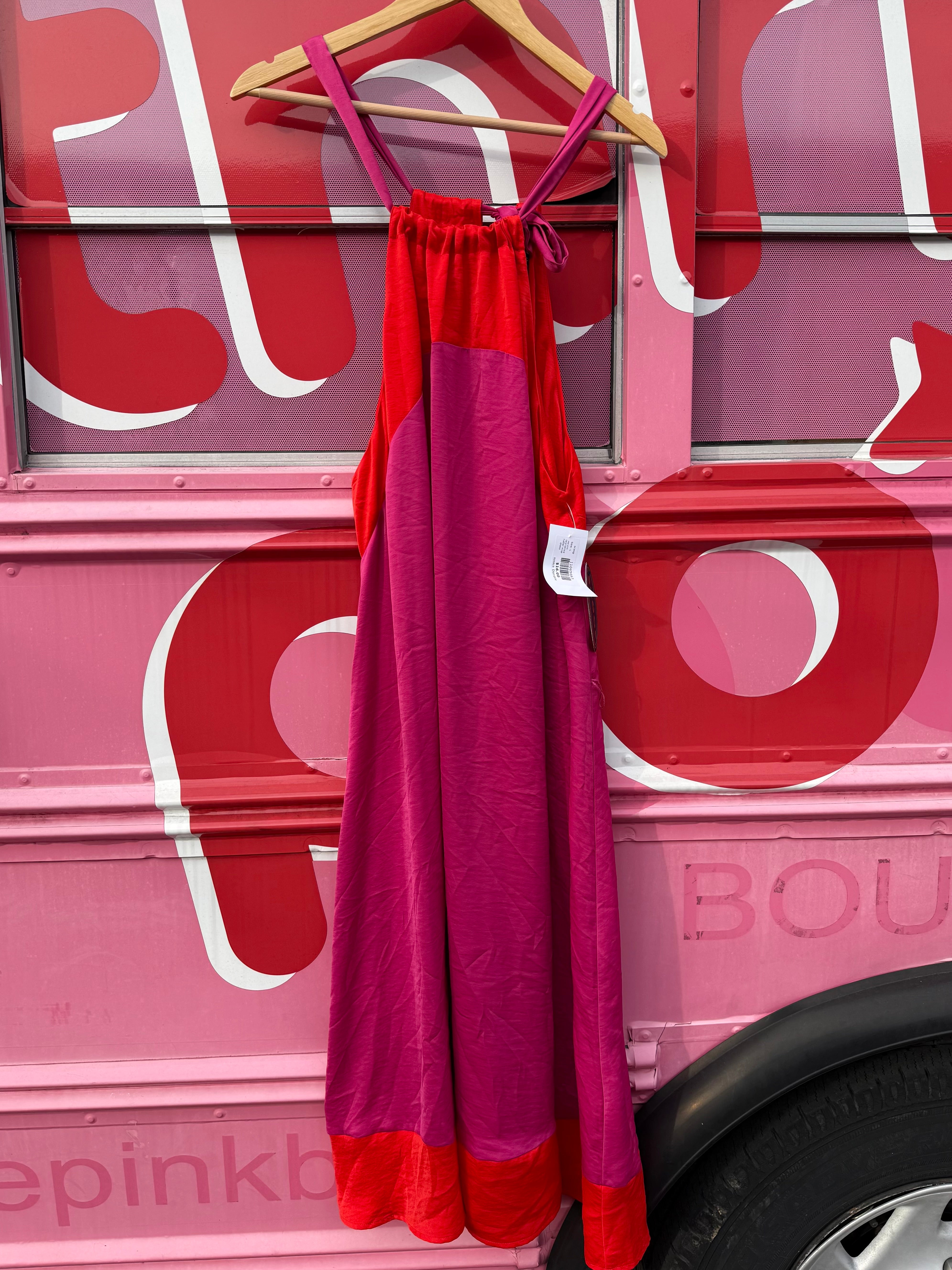 red pink scoop two toned halter midi dress, L