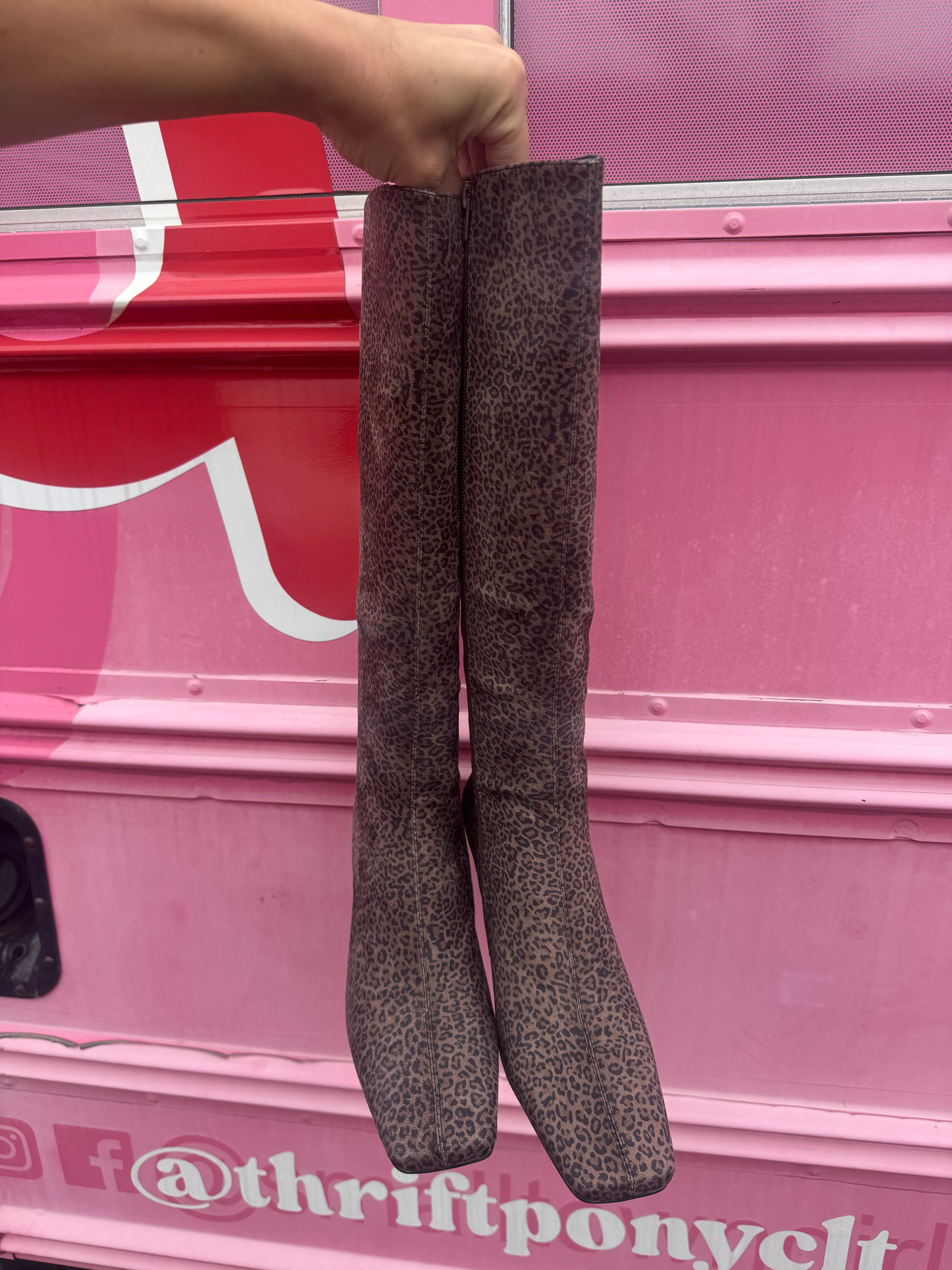 brown black jeffrey campbell cheetah pointed toe heeled boots, 8.5