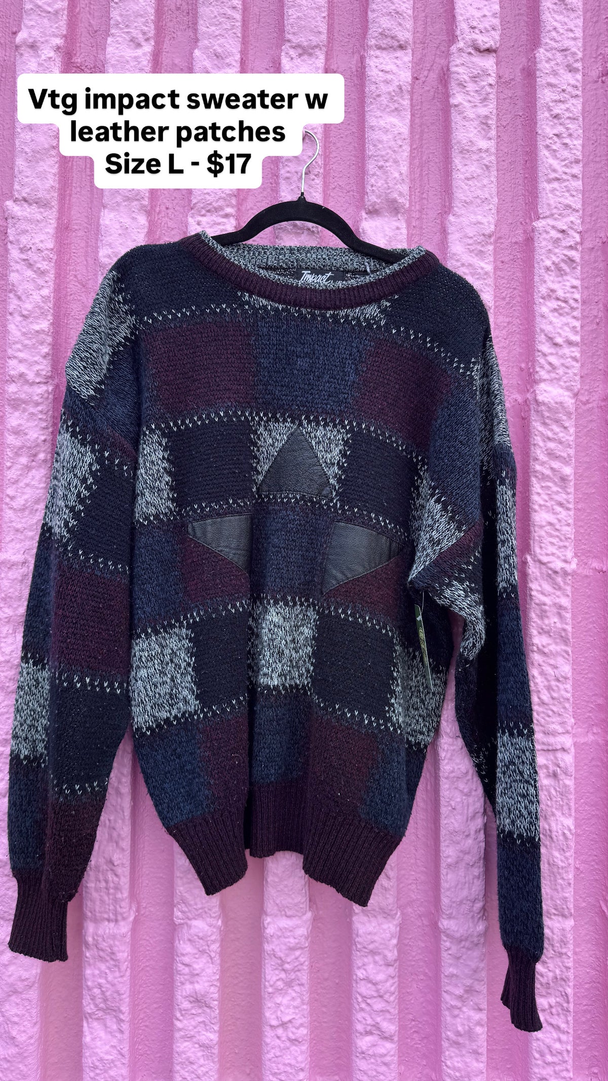 Blue red g reen Impact Vtg leather patch sweater, L