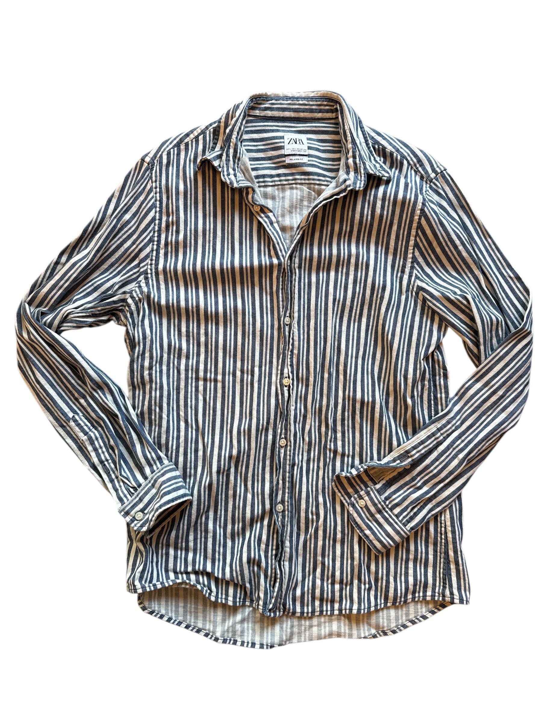 blue white zara striped ls button down, L