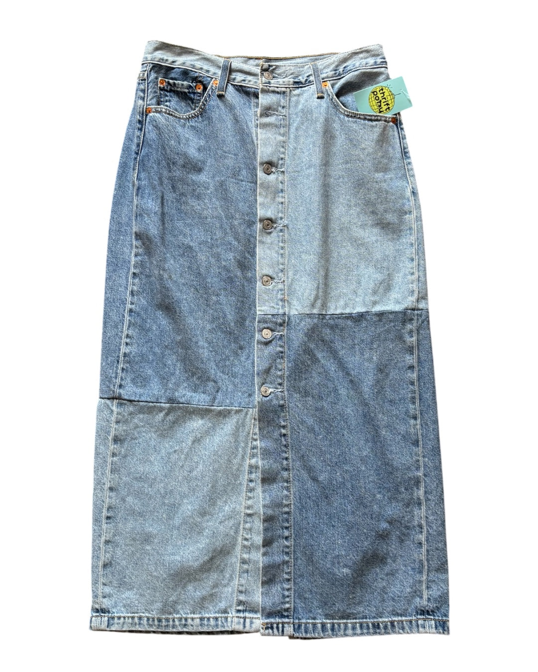 blue levi patchwork denim skirt, 29