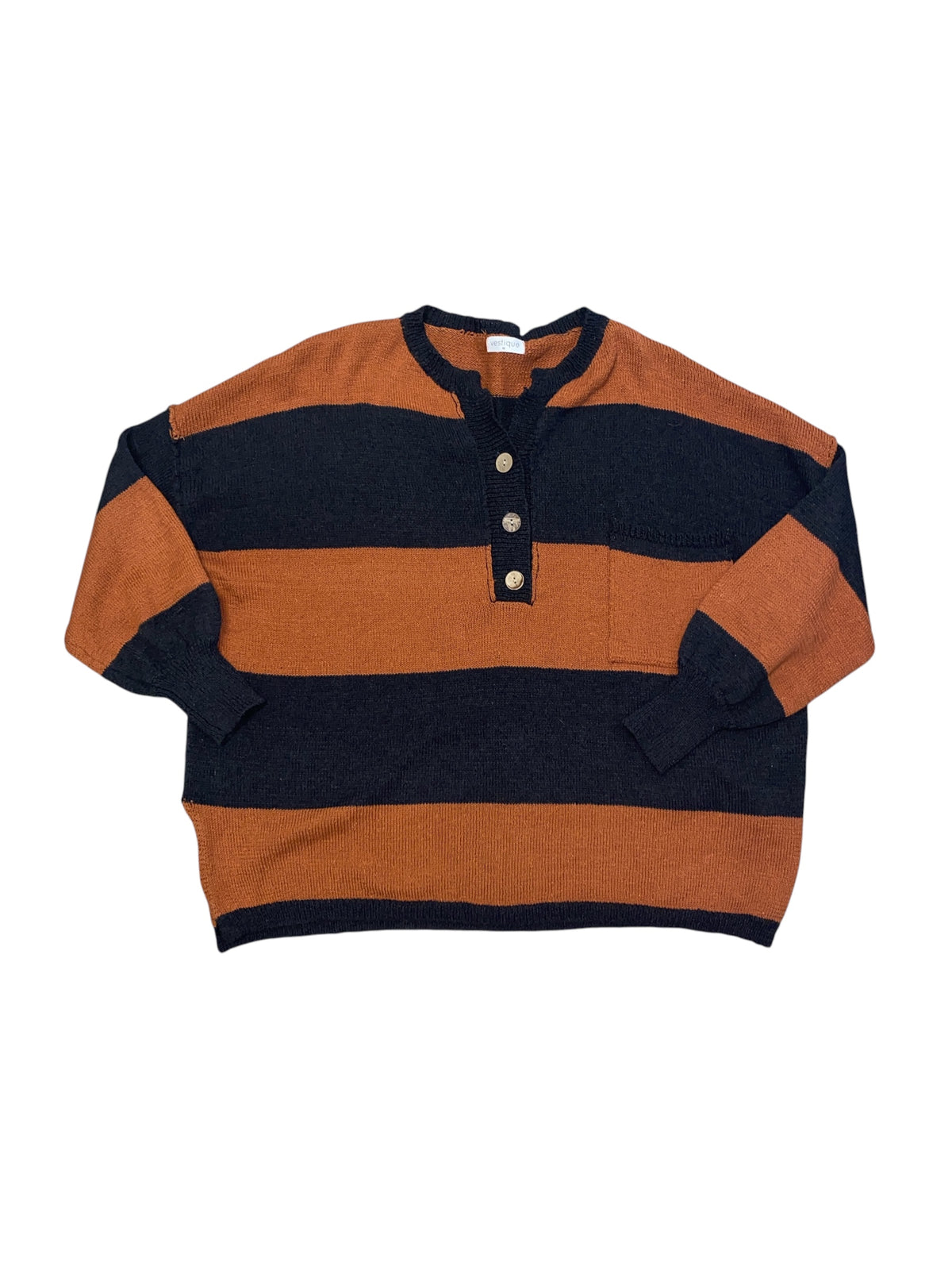 brown black vestique stripe henley sweater, m