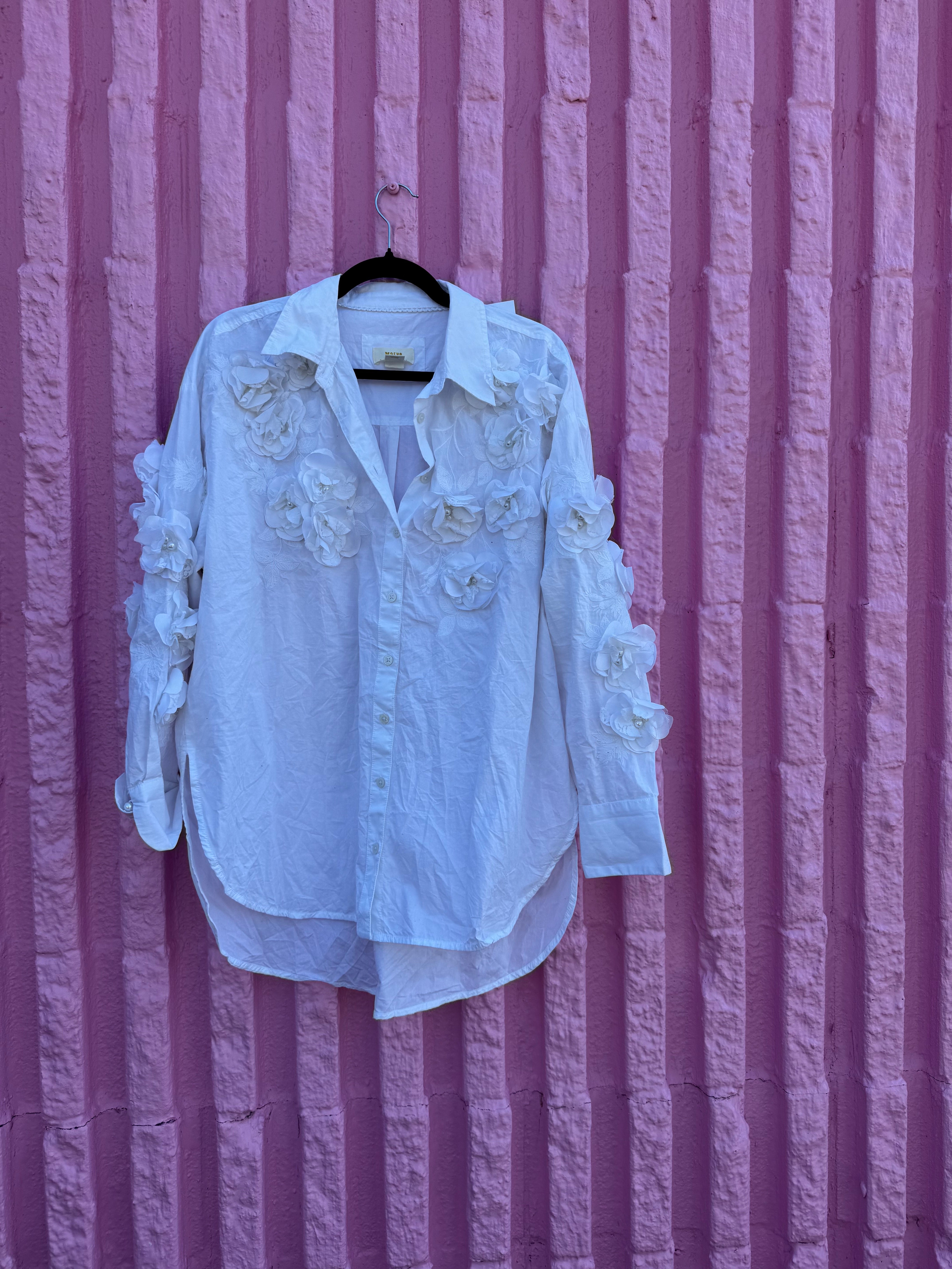 white maeve ruffle button down, M