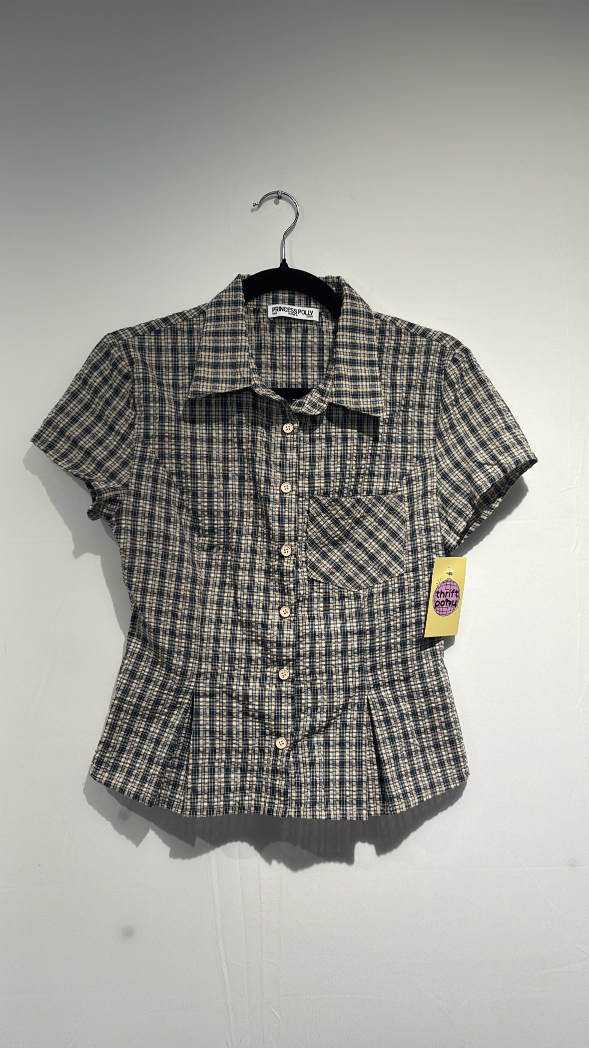 blue tan princess polly plaid ss button up, 4