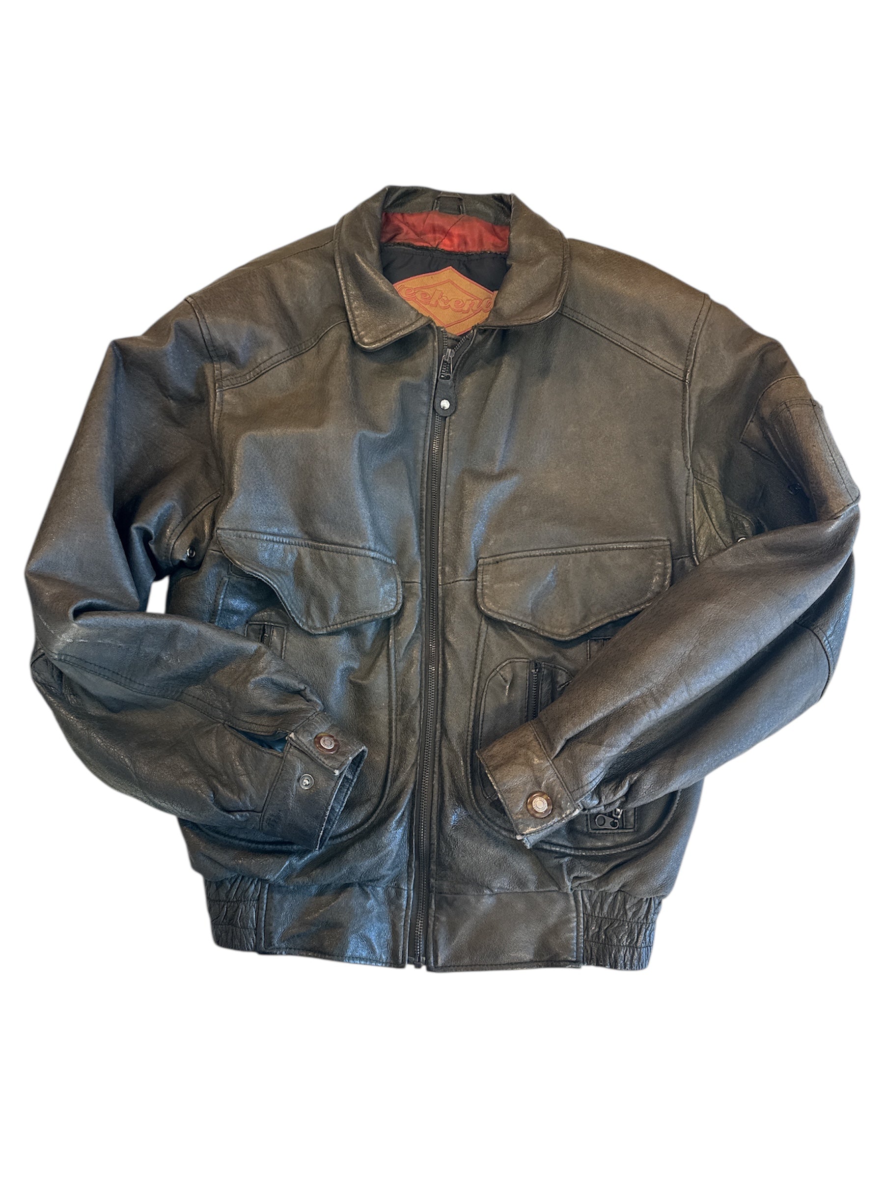 army green/brown weekend bomber leather jacket, m