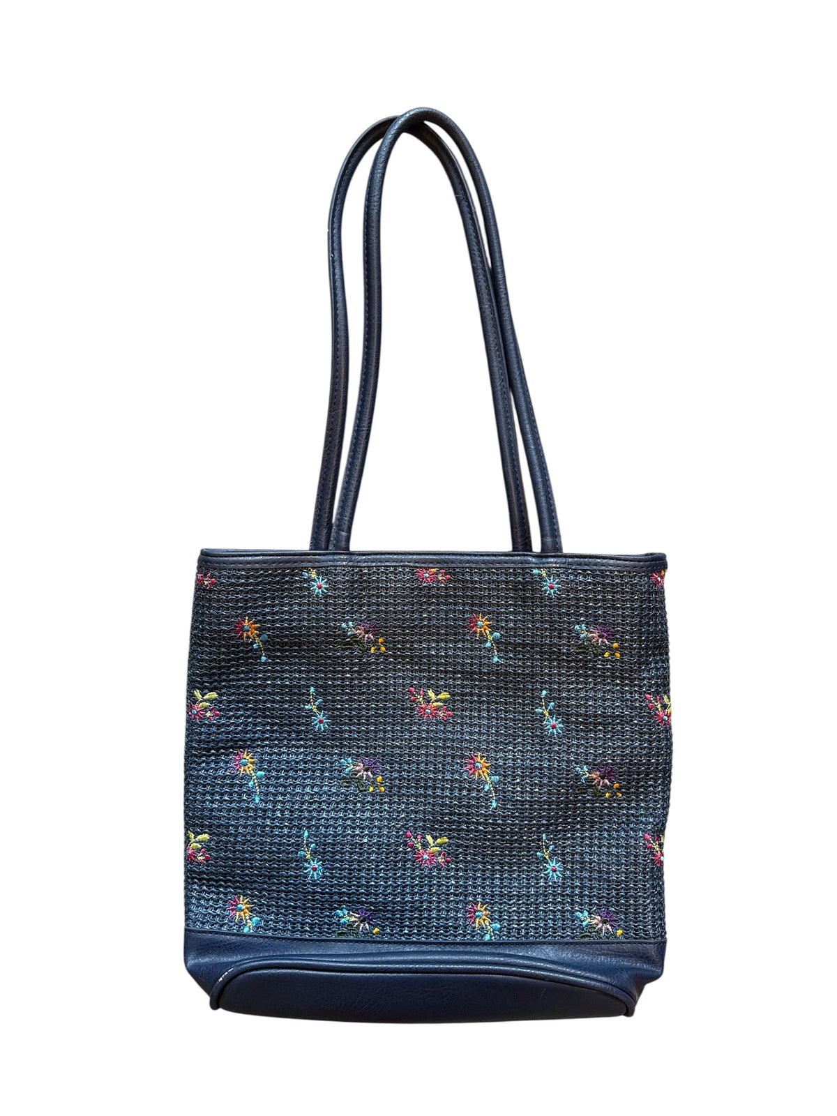 navy pink bueno floral detail woven purse