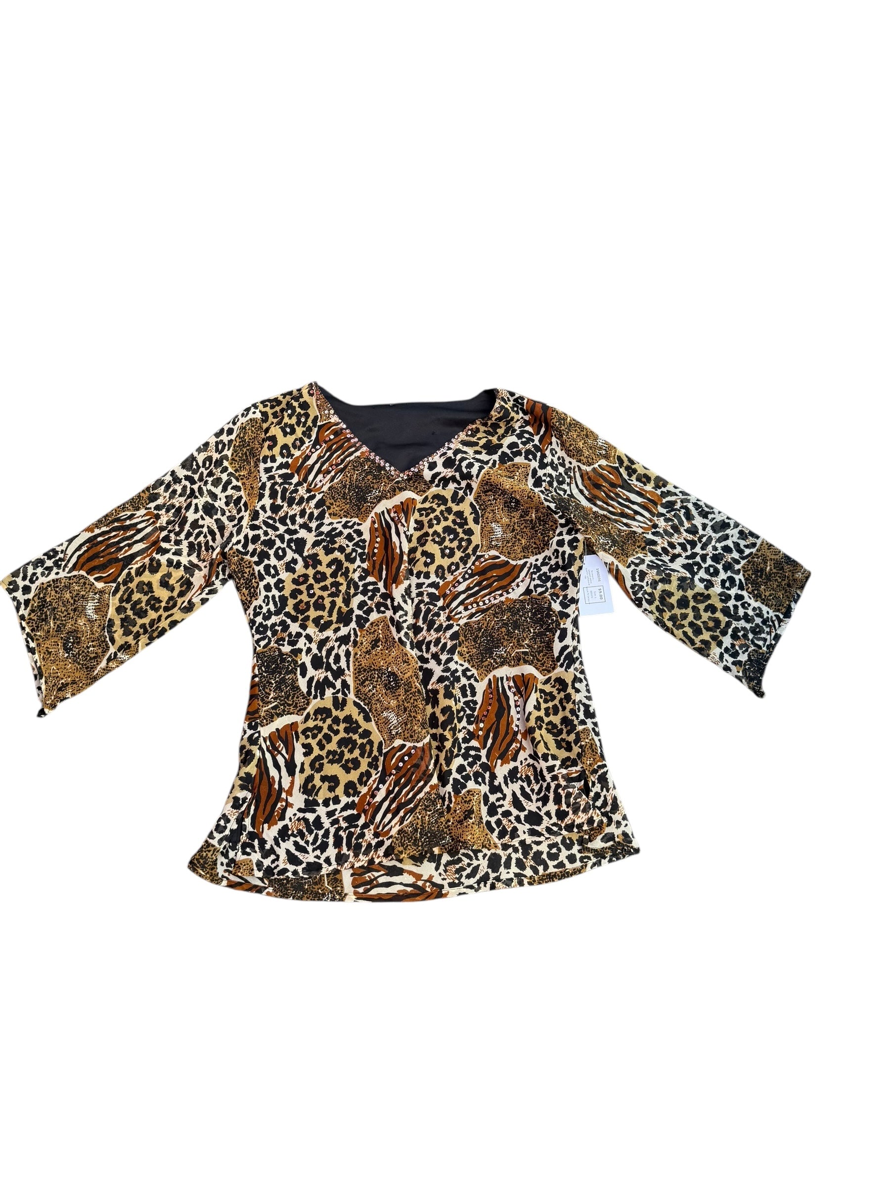 Tan beige black  Leopard zebra quarter bellsleeve top, L