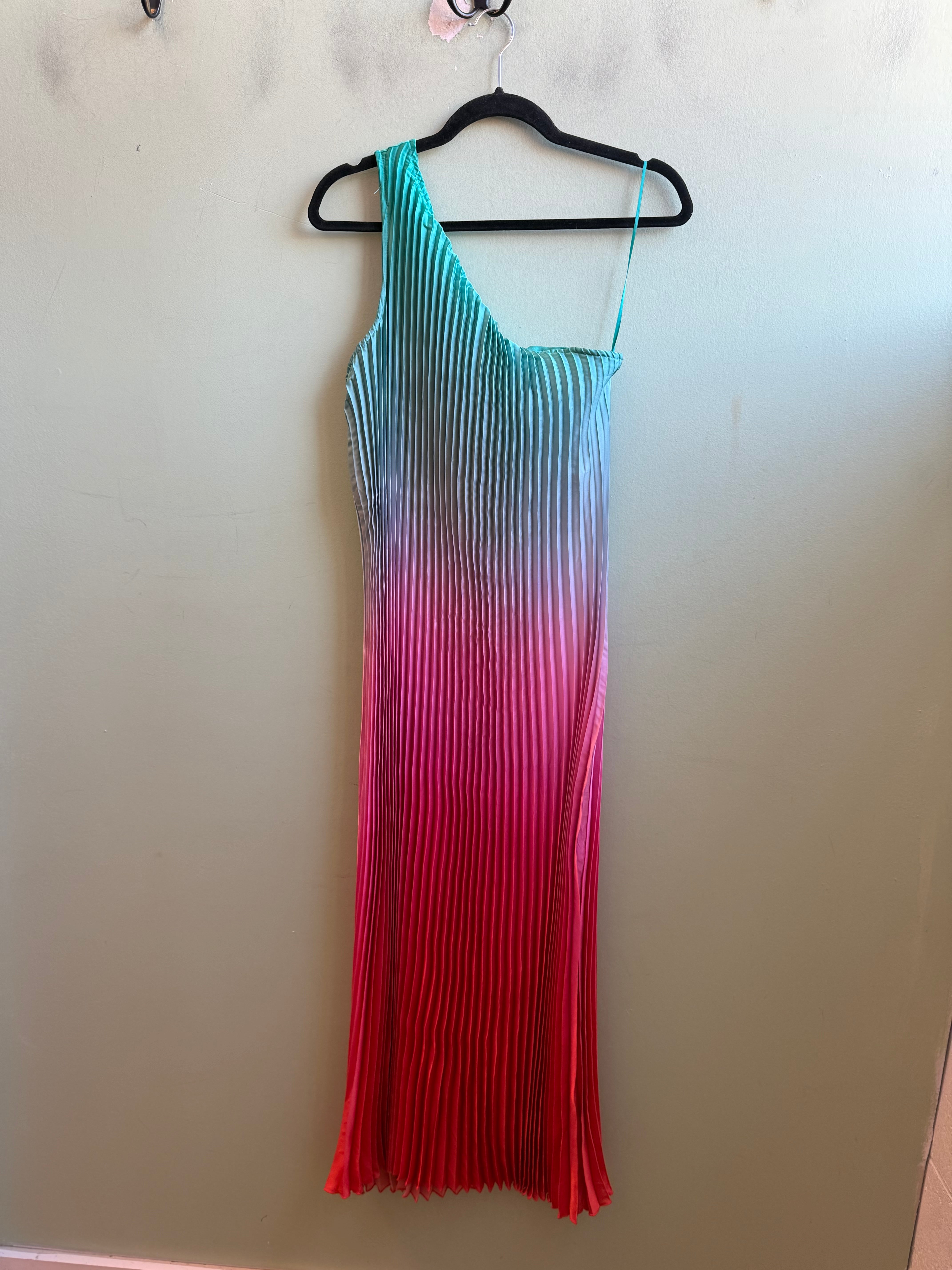green pink nicole miller ombre plisse one shoulder maxi dress, M