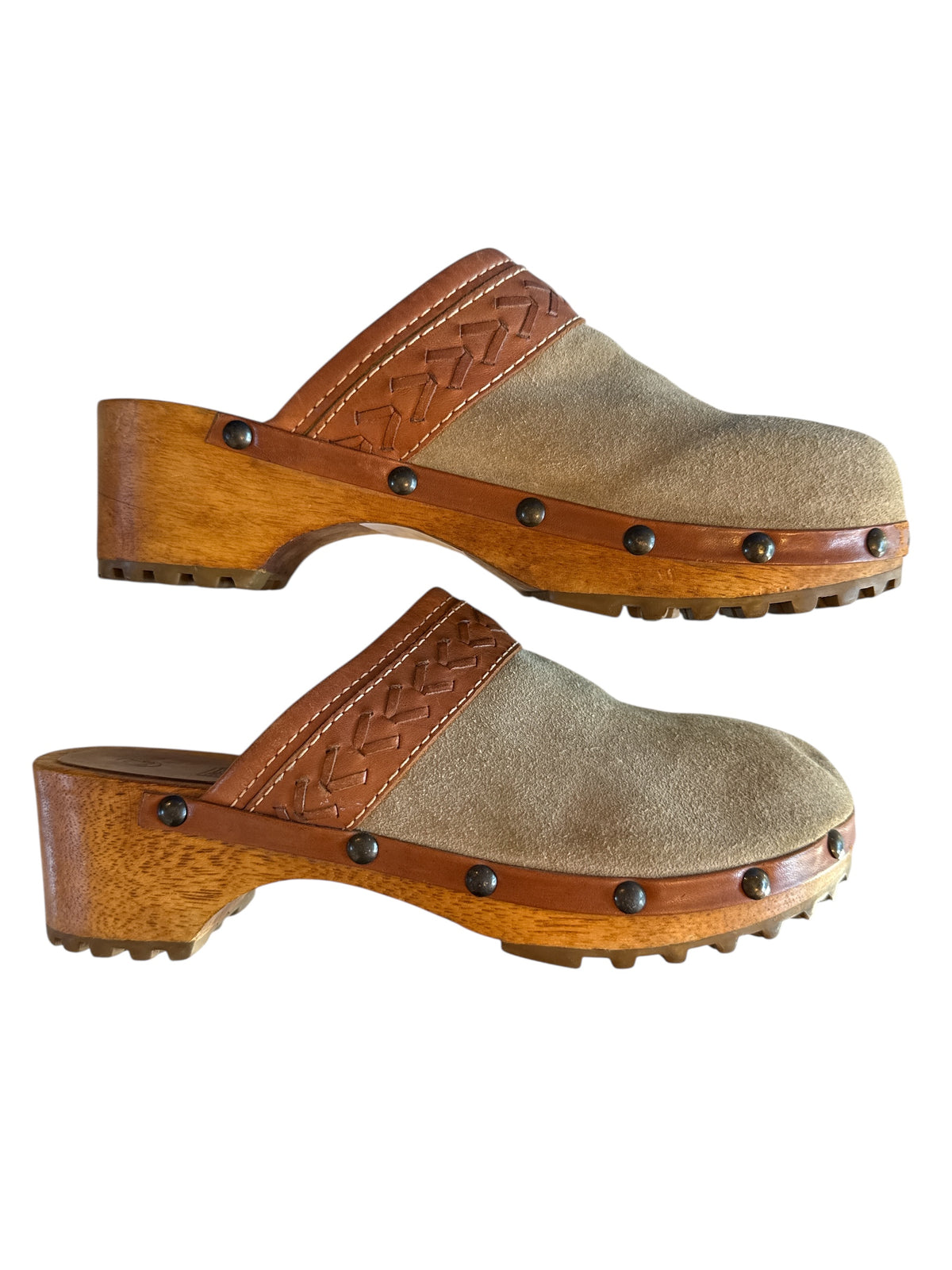 brown tan faded glory suede clogs, 6.5